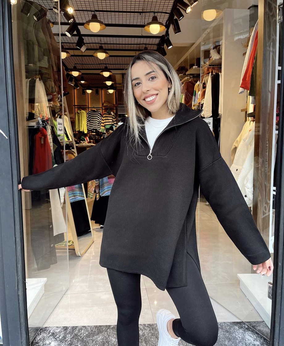 Fermuarlı Yırtmaçlı Siyah Triko