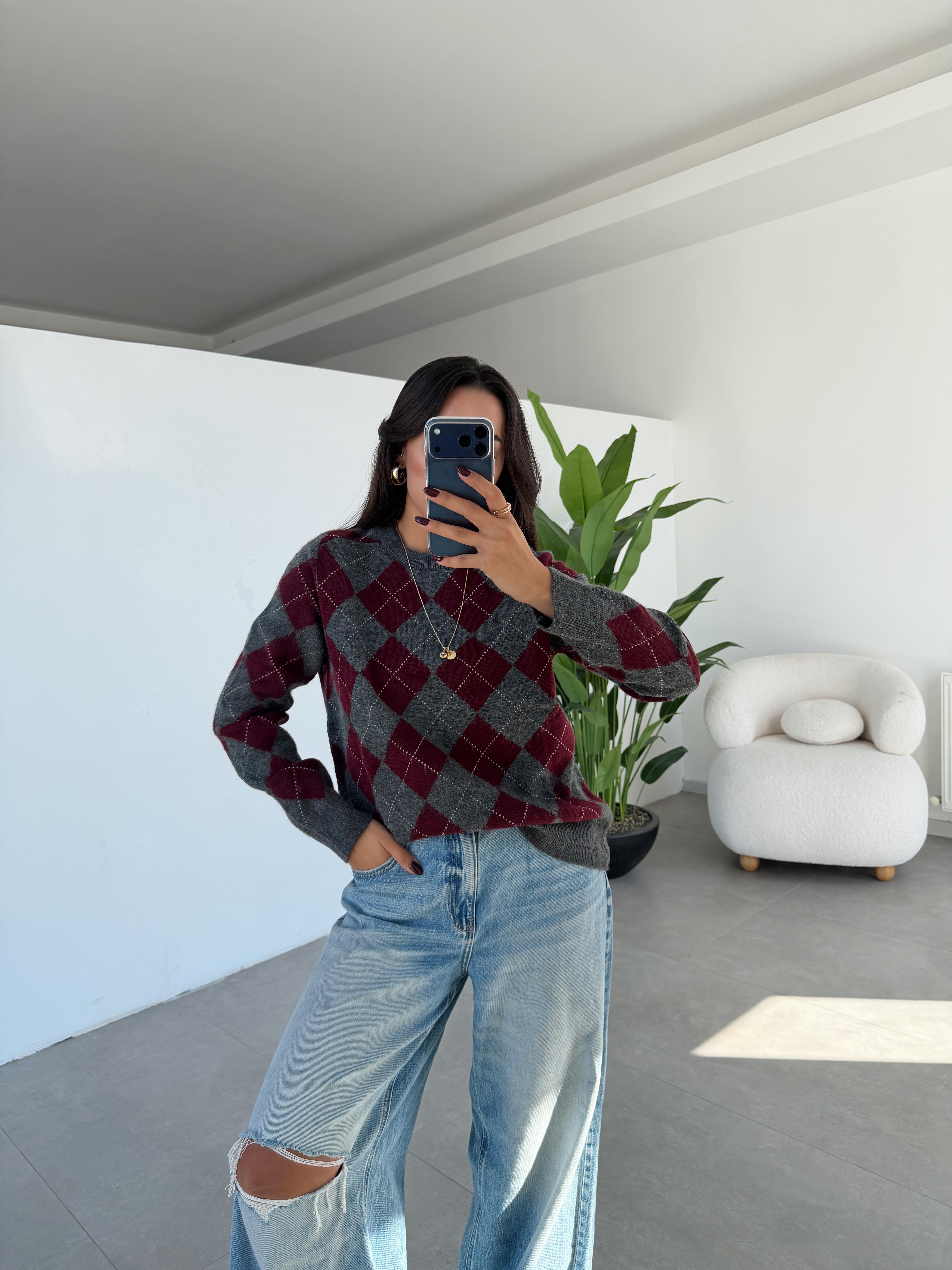 Füme-Bordo Sandık Yaka Kazak