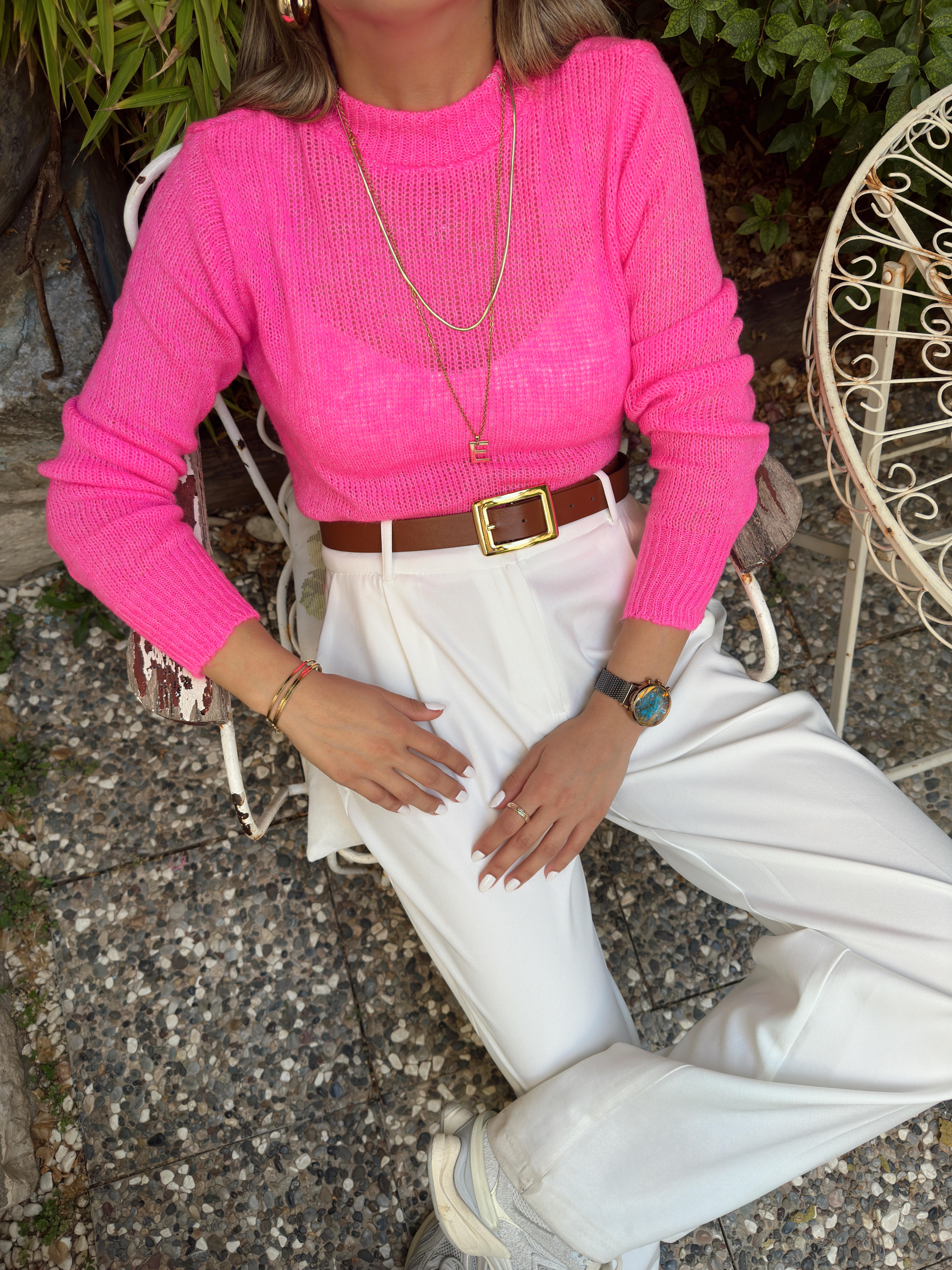 Fuşya Bisiklet Yaka Triko Kazak