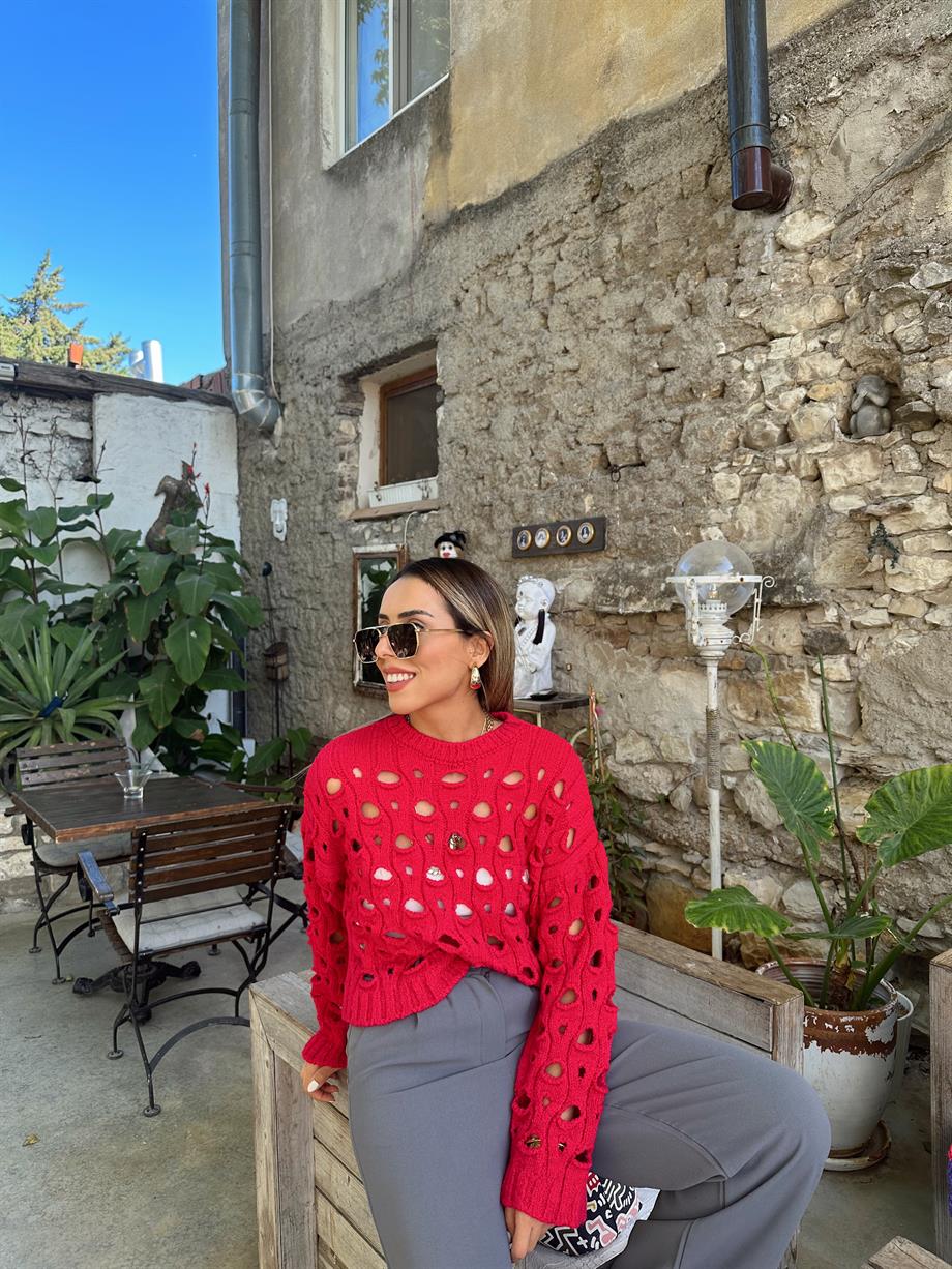 Fuşya Delikli Bisiklet Yaka Triko Kazak