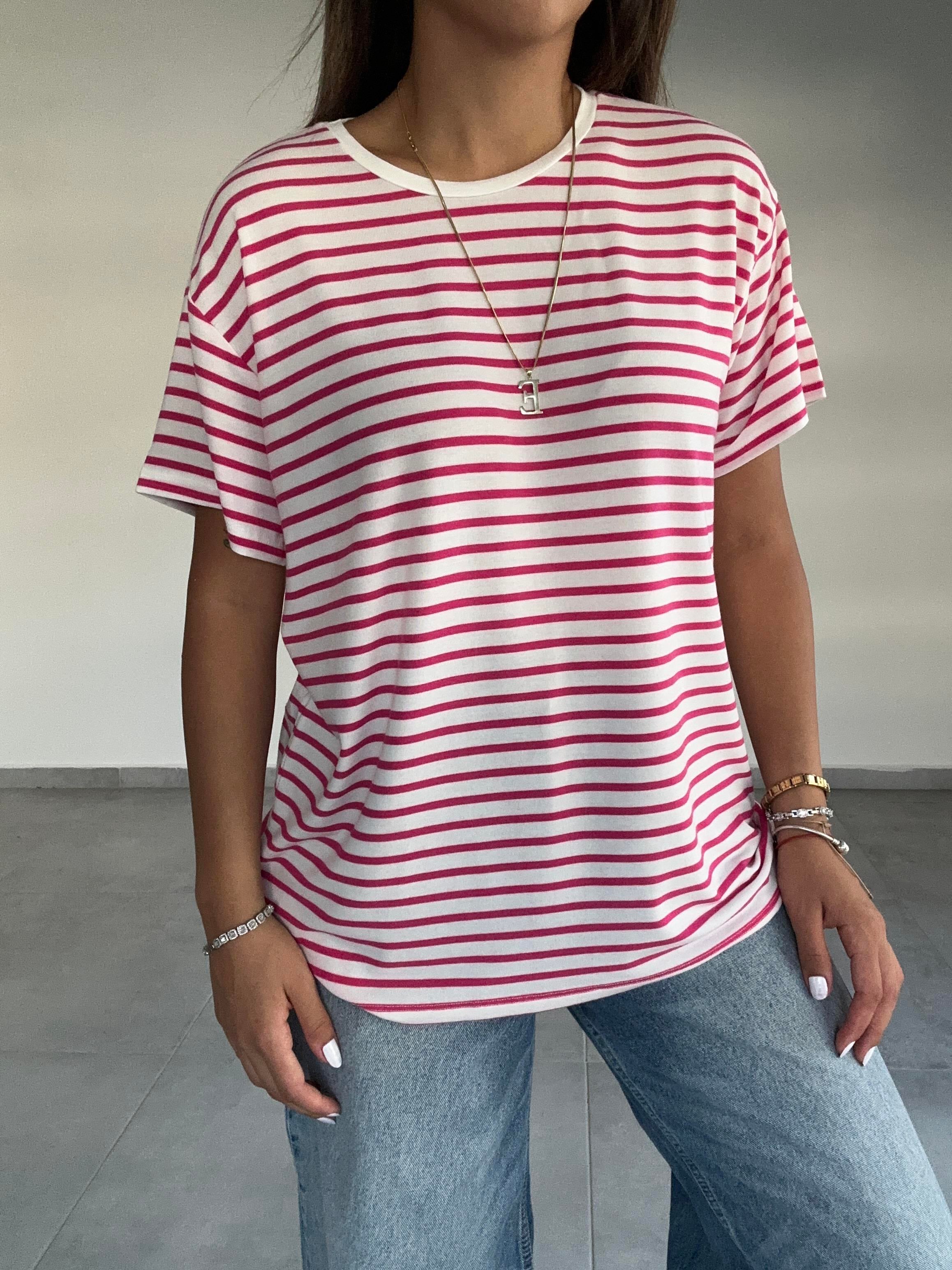 Fuşya-Ekru Çizgili Tişört