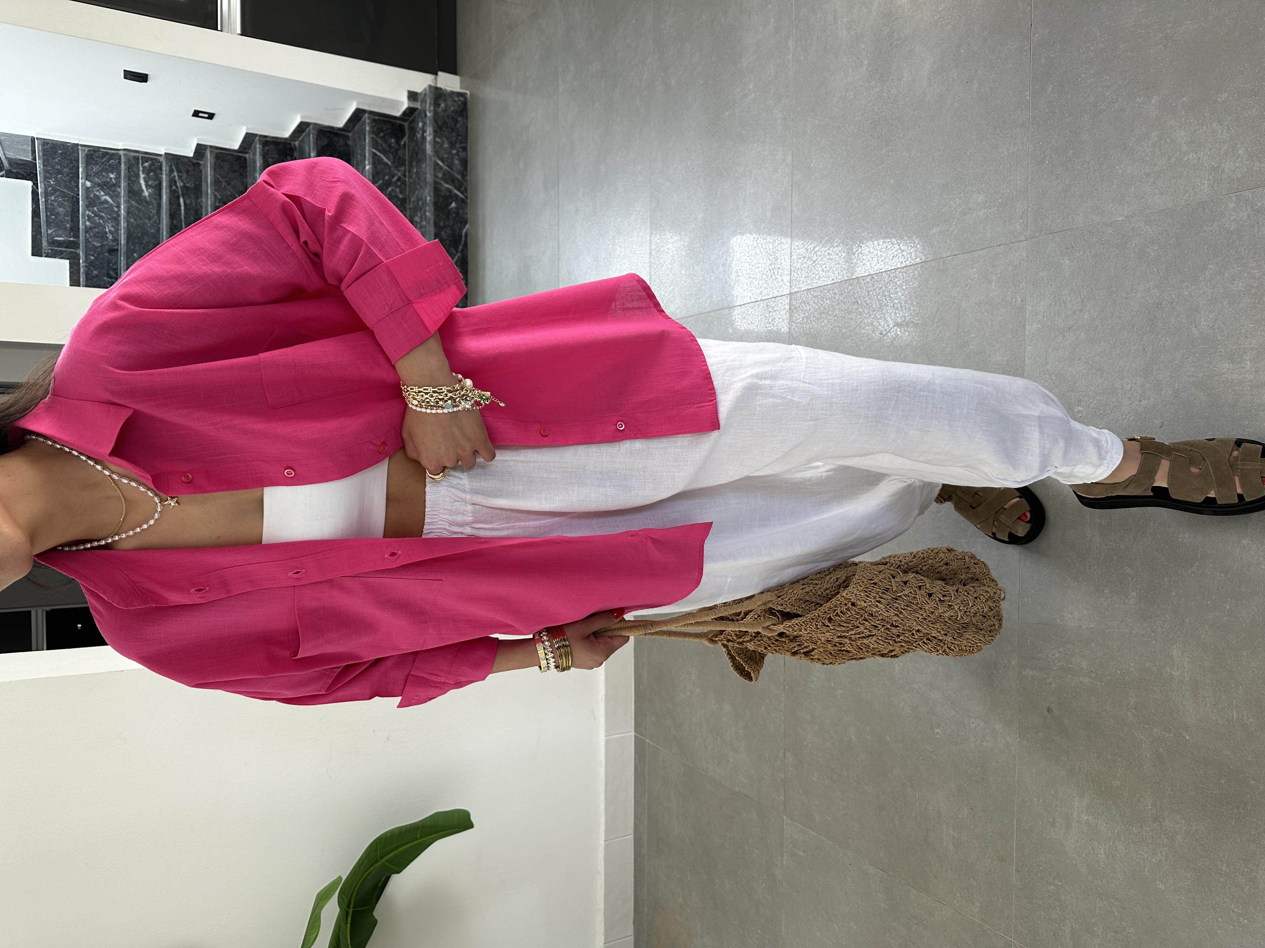 Fuşya Flamlı Keten Çift Cep Oversize Gömlek