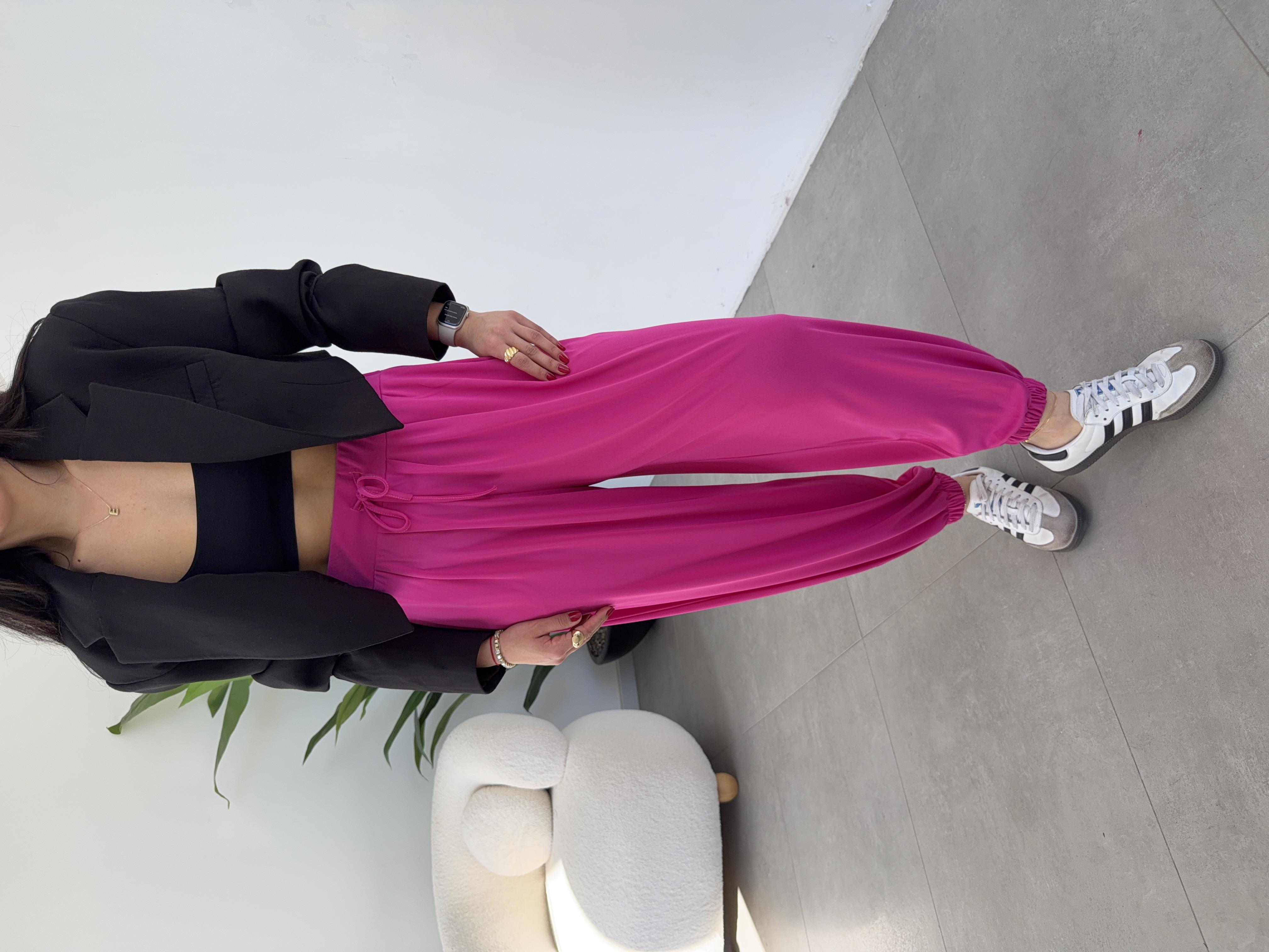 Fuşya Likralı Kemerli Şalvar Pantolon