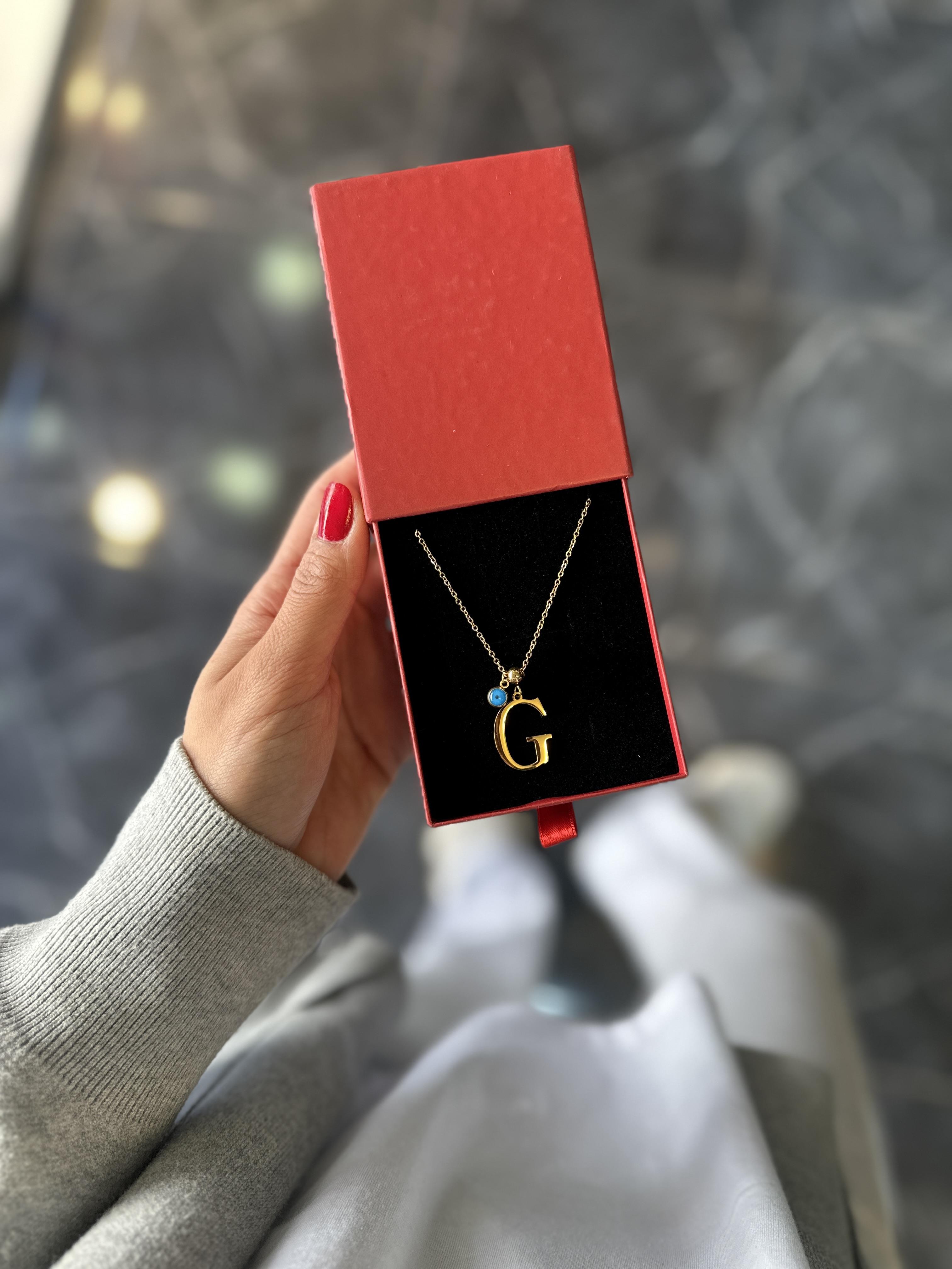 G Gold Nazar Boncuklu Harf Çelik Kolye