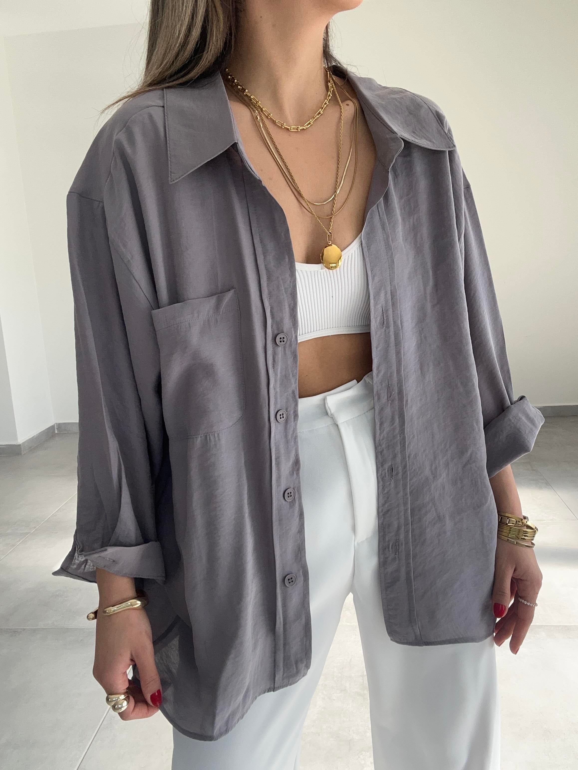 Gri  Düşük Omuz Gömlek