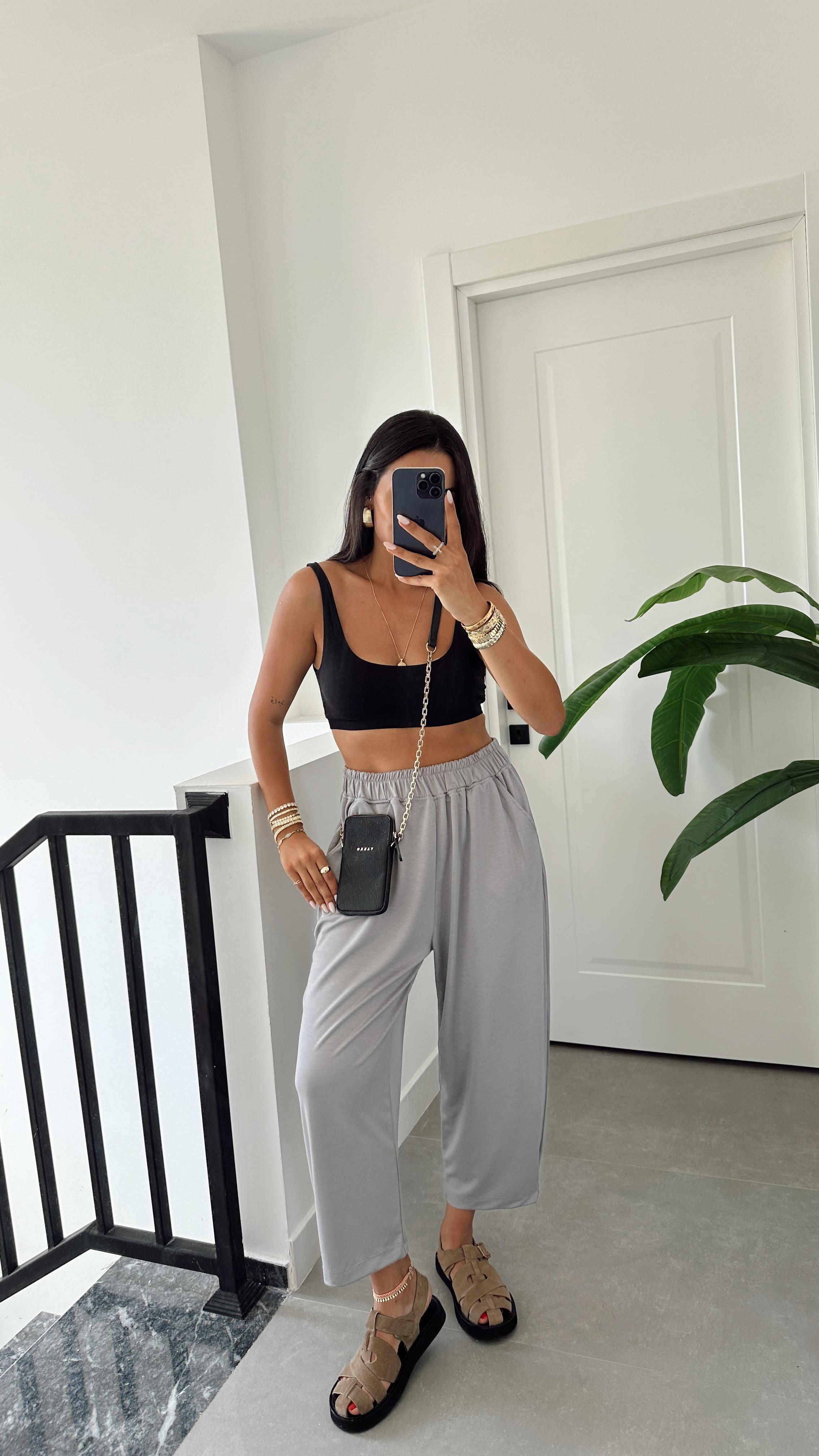 Gri Modal Paça Tutturmalı Pantolon