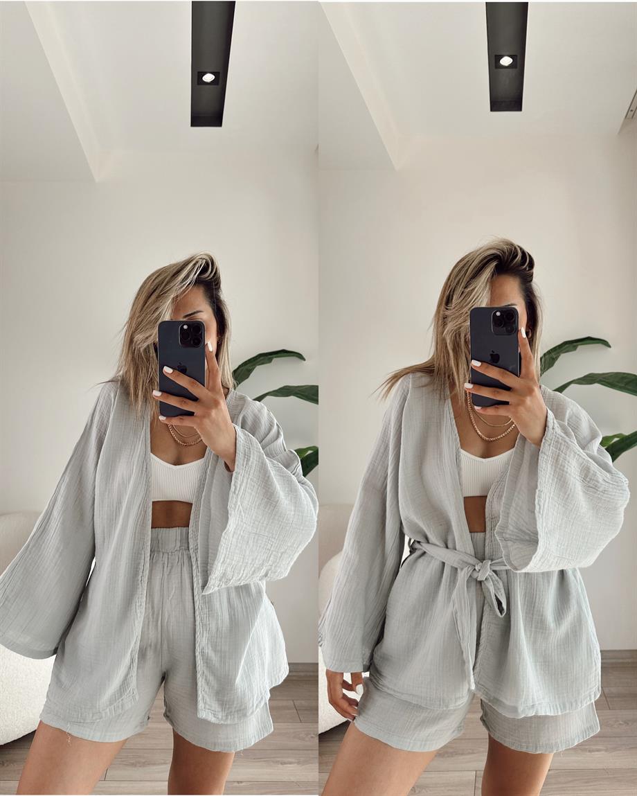 Gri Müslin Kimono-Şort Takım