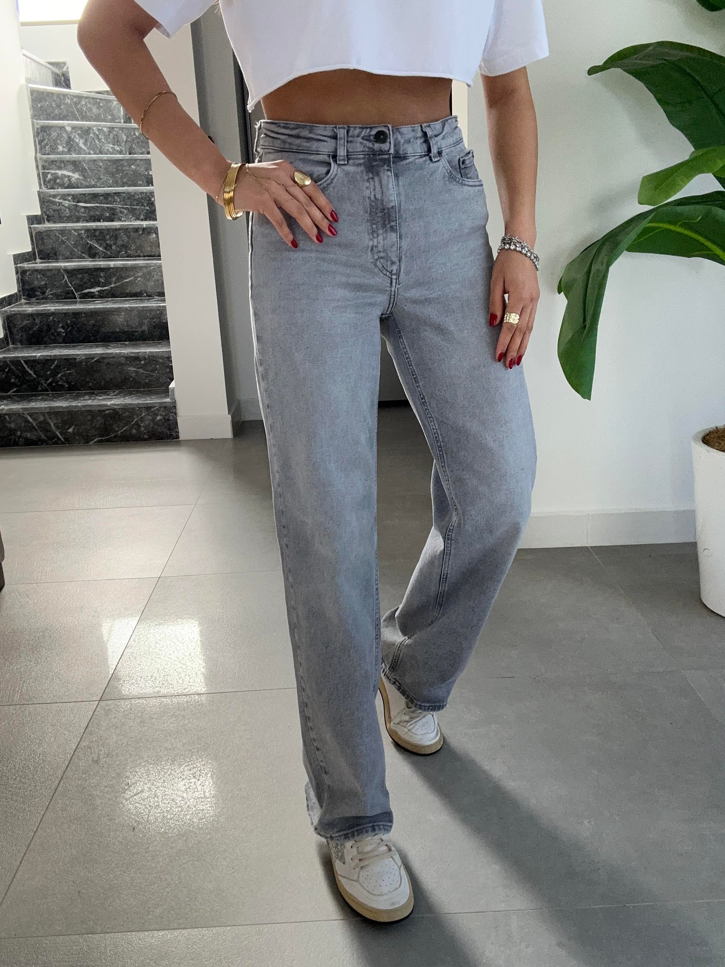 Gri Onl Yüksek Bel Bol Paça Jean Pantolon
