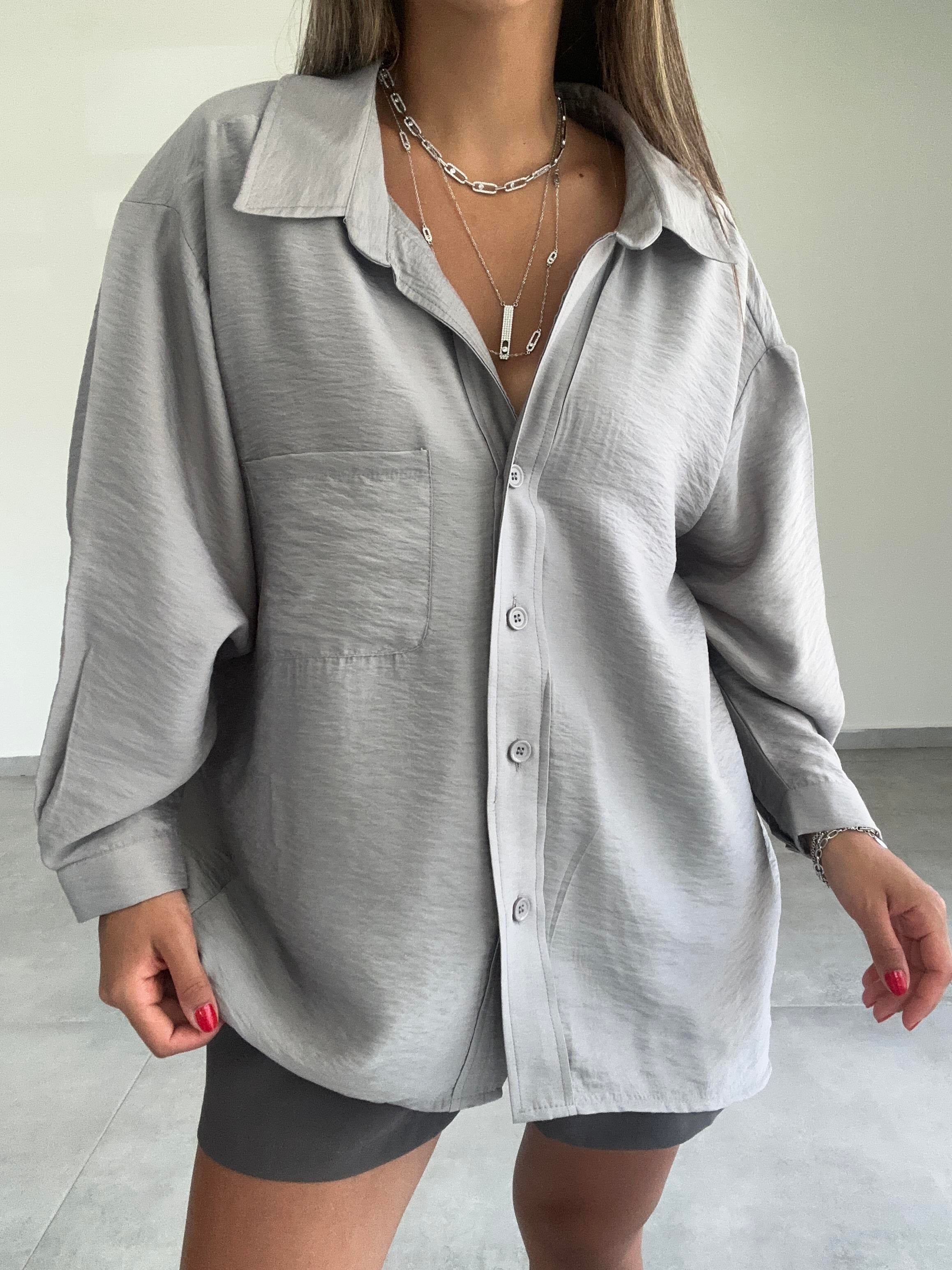 Gri Oversize Düşük Omuz Gömlek