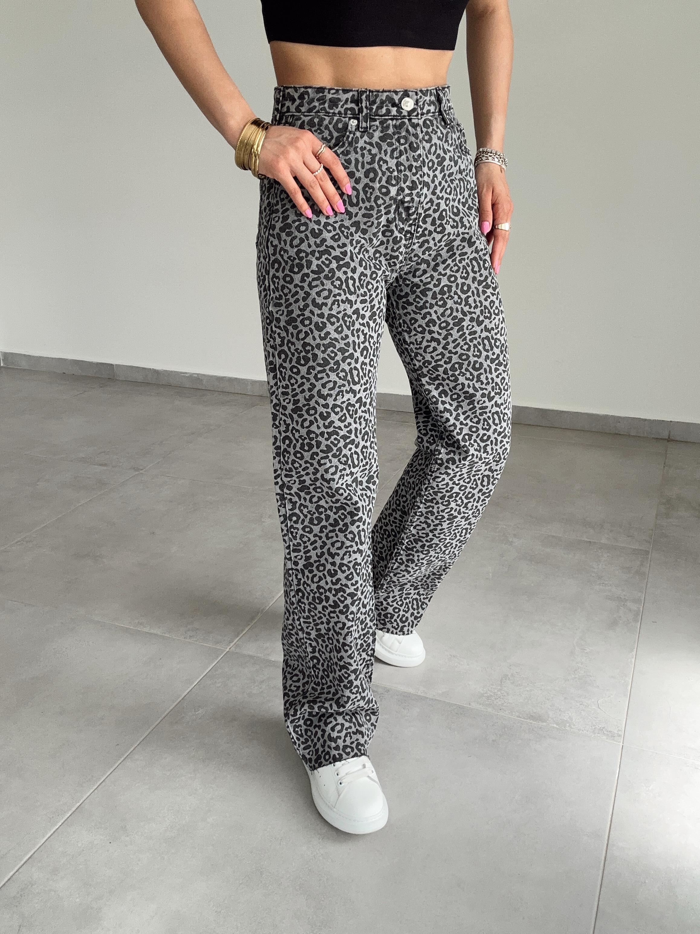 Gri -Siyah Leopar Desenli Palazzo Pantolon