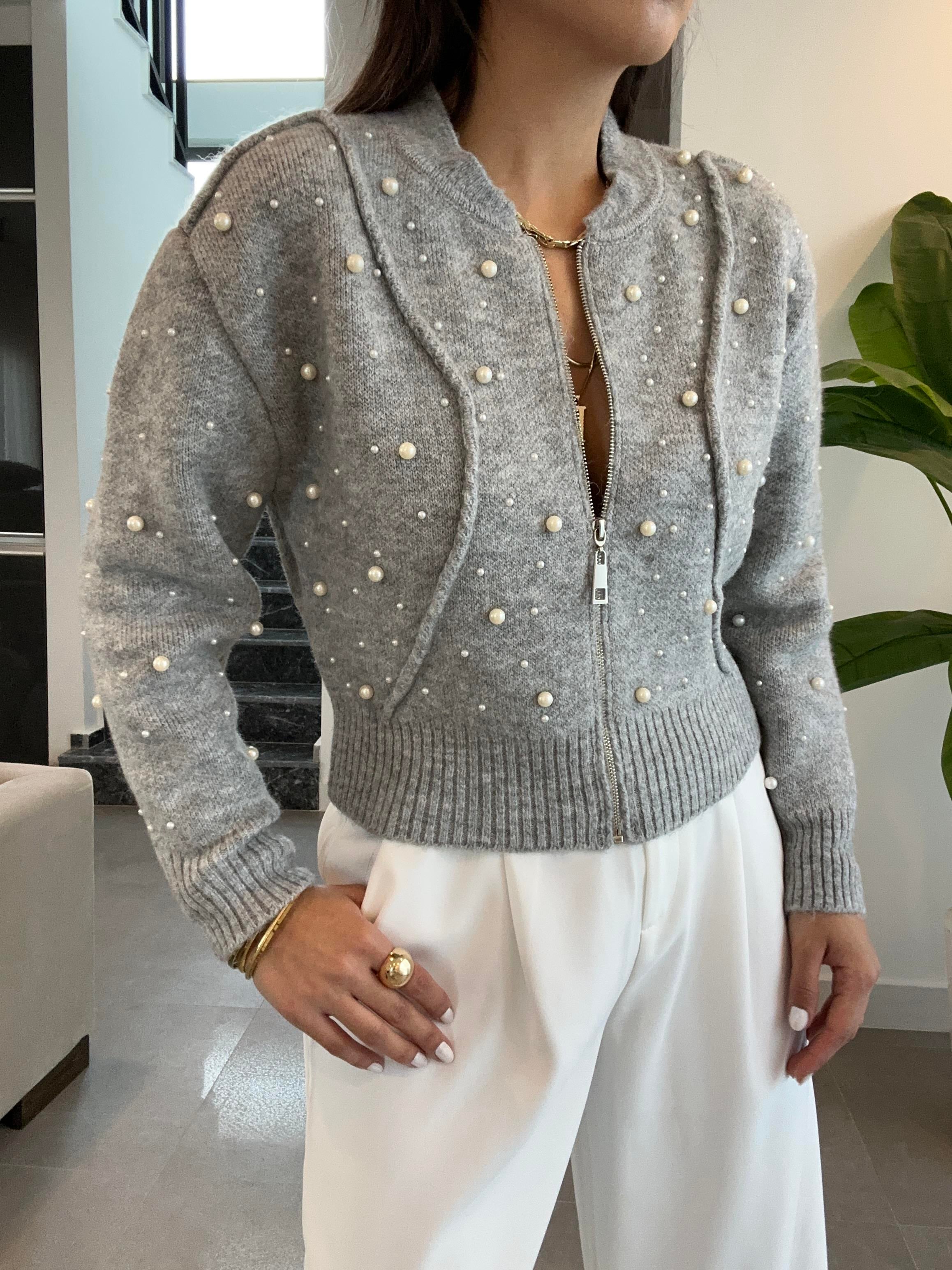 Gri Suni İncili Triko Bomber Ceket