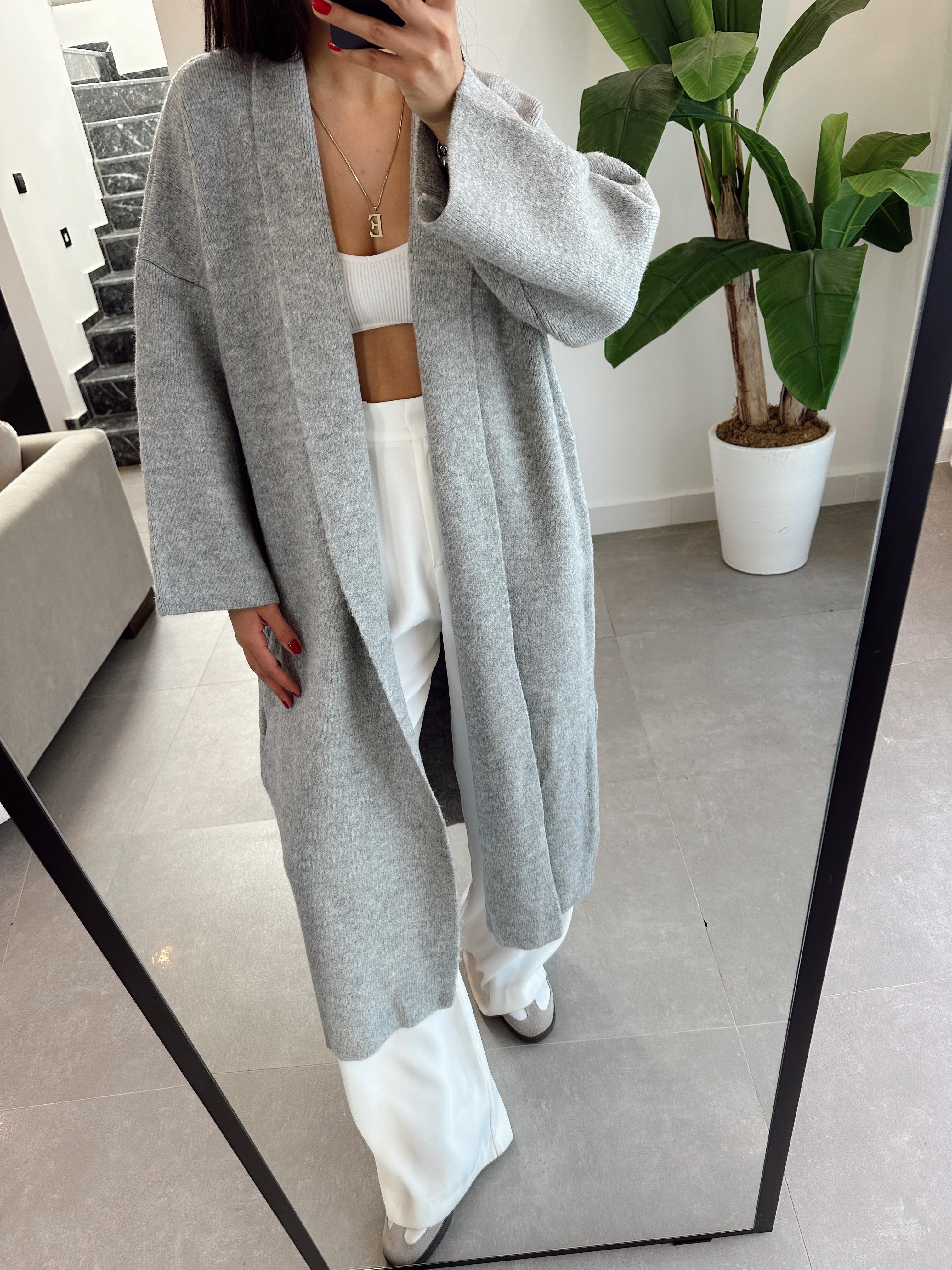 Gri Uzun Salaş Maxi Triko Hırka