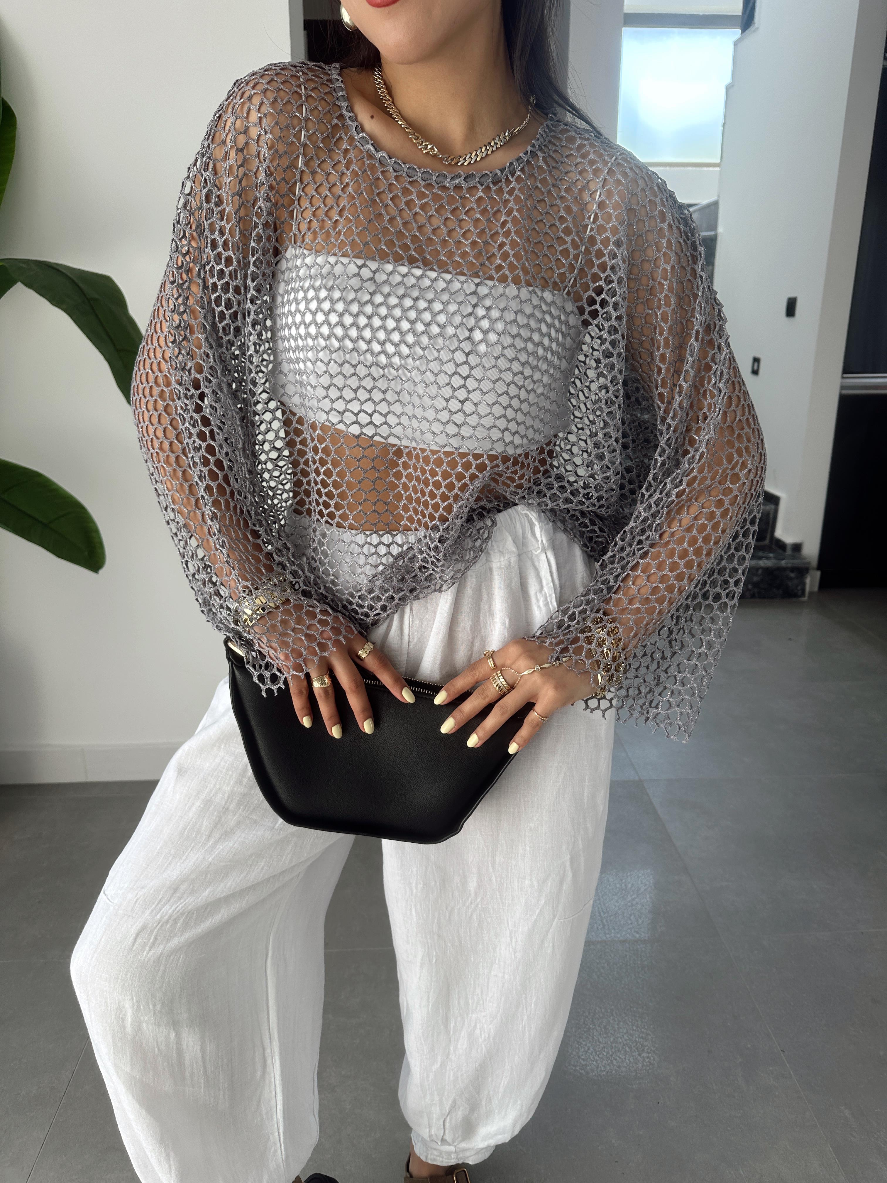 Gri Yarasa Kol File Bluz