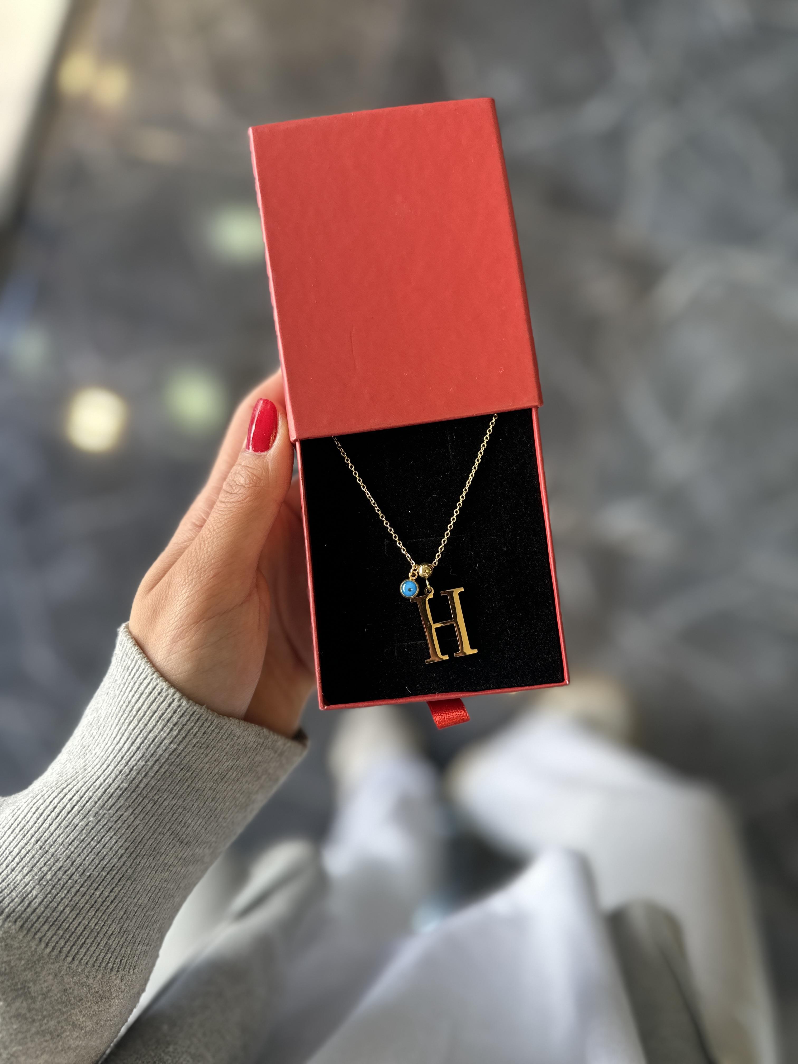 H Gold Nazar Boncuklu Harf Çelik Kolye