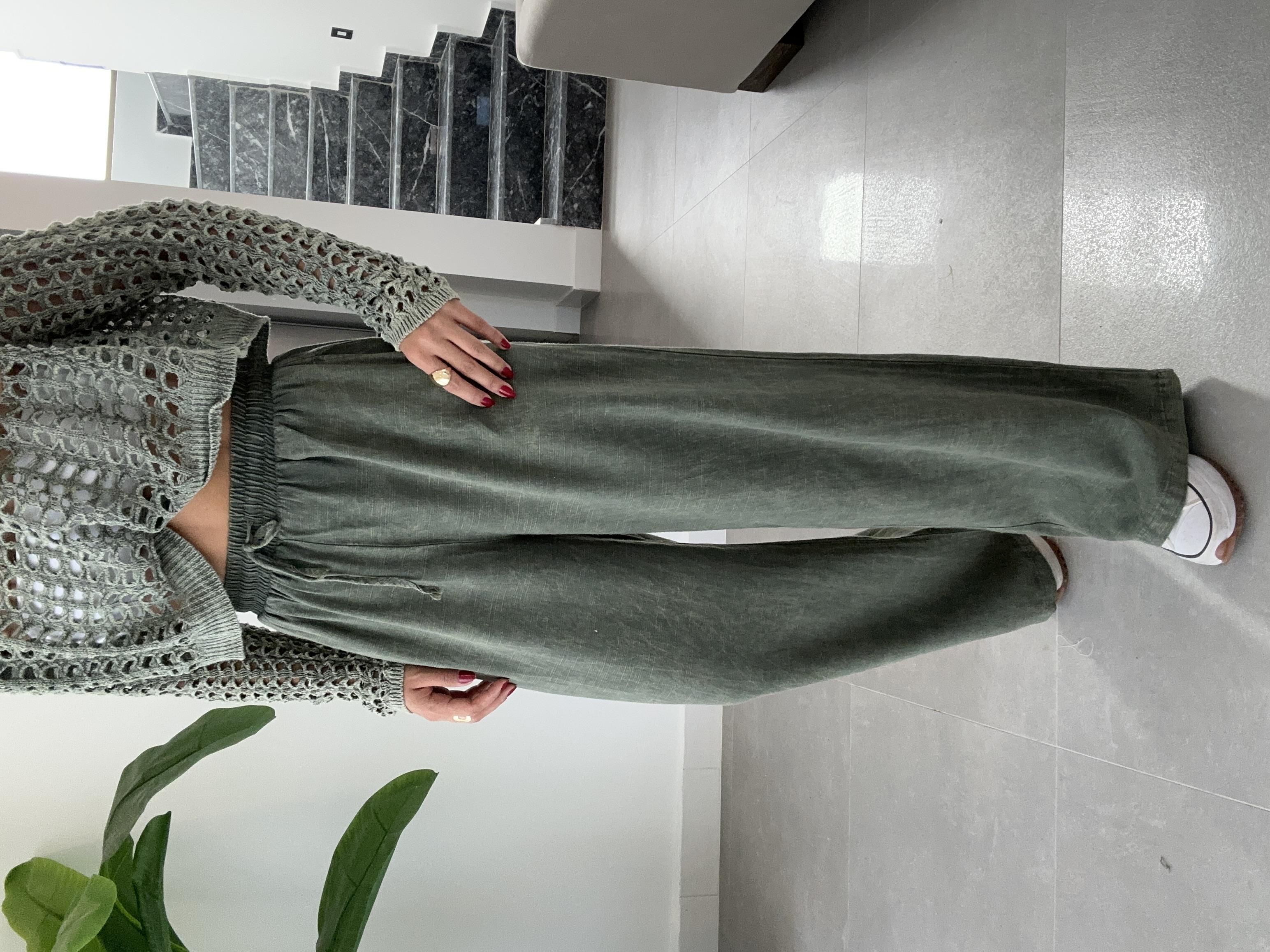 Haki Beli Lastikli Yıkamalı Pantolon