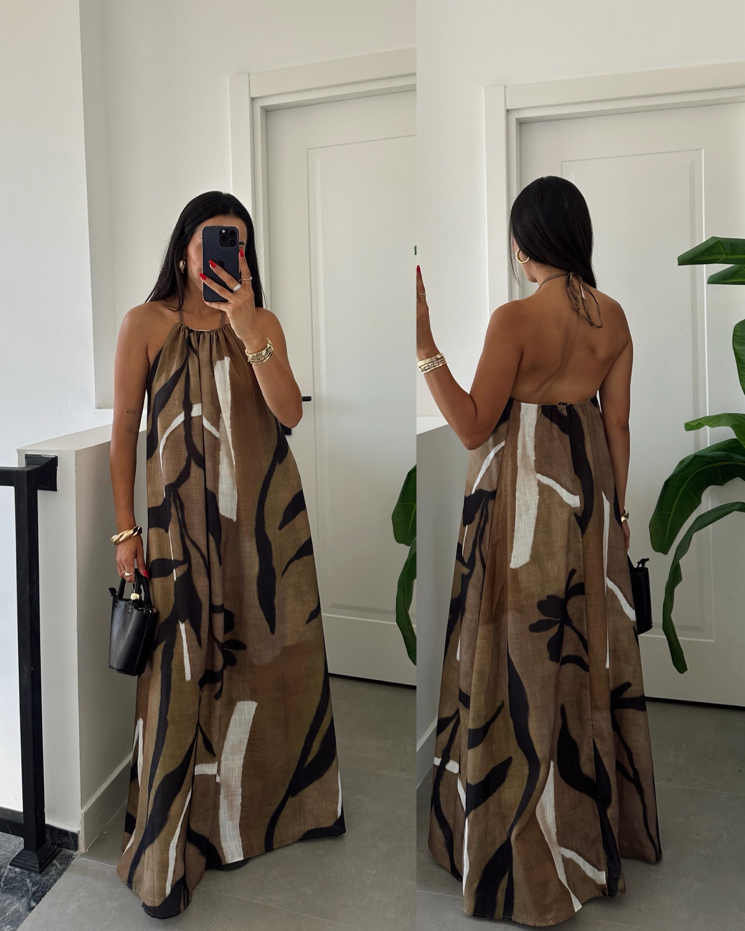 Haki Boyundan Askılı Salaş Elbise