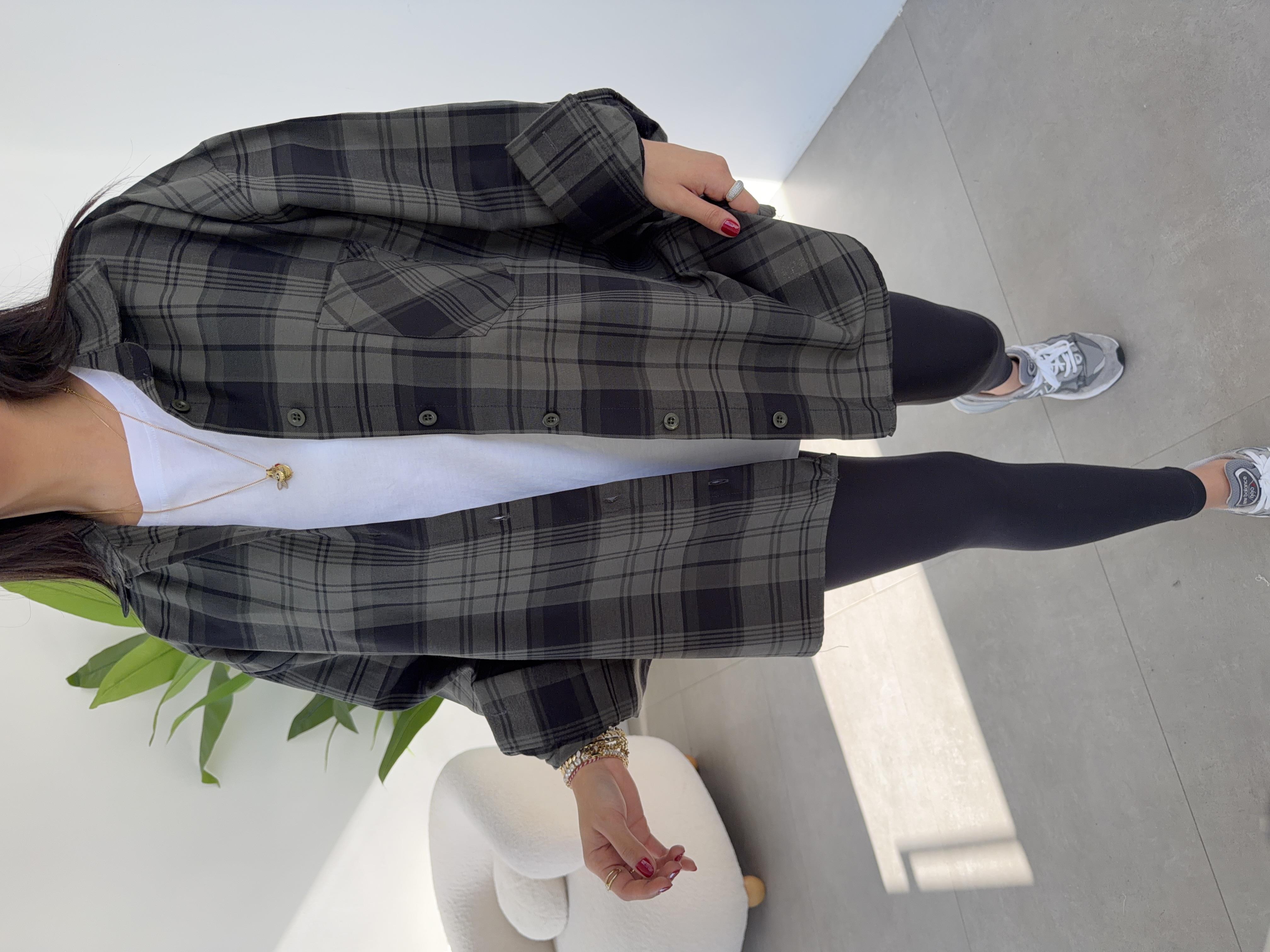 Haki Ekose Pamuk Oversize Gömlek