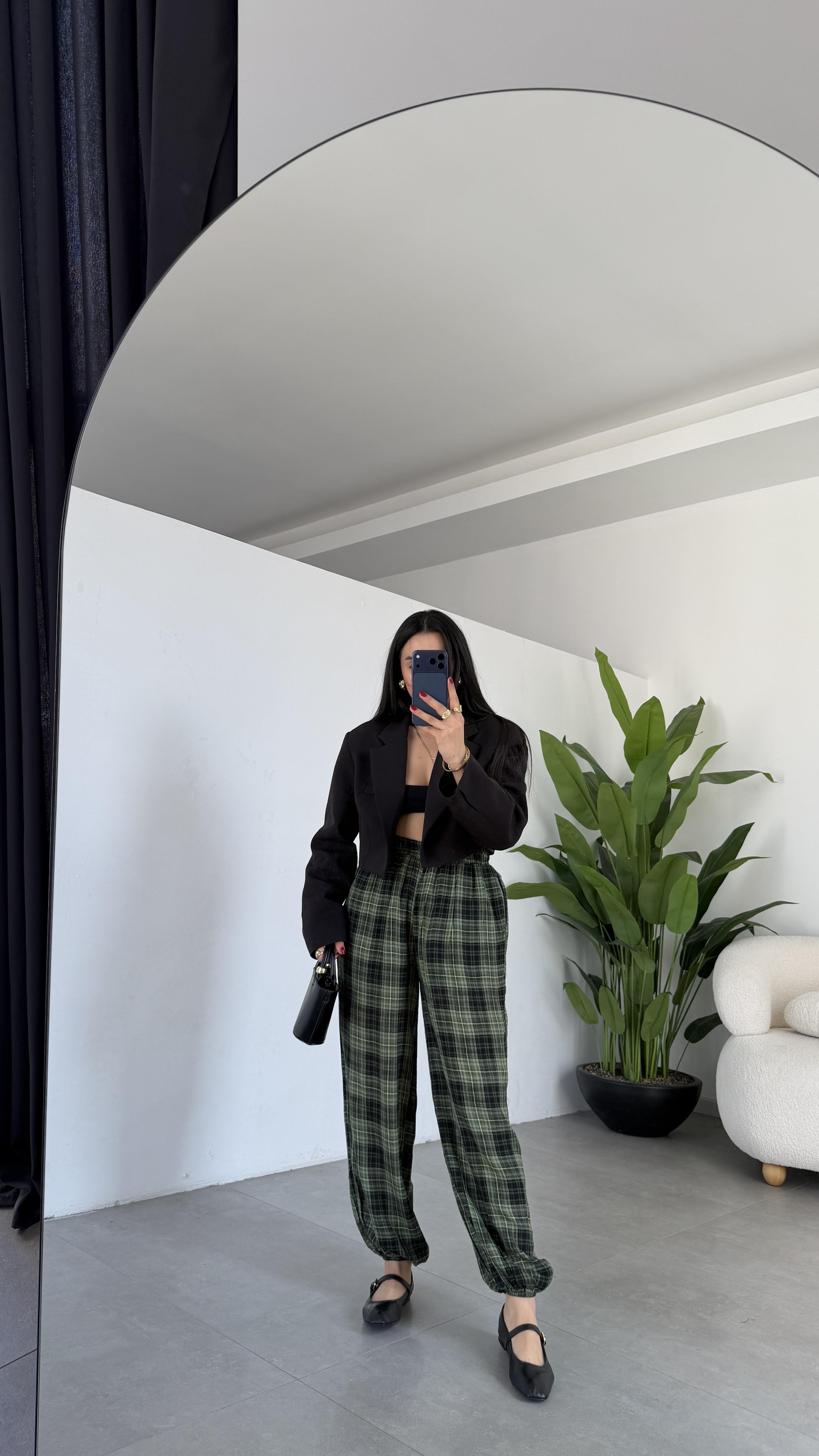 Haki Kareli Balon Pantolon