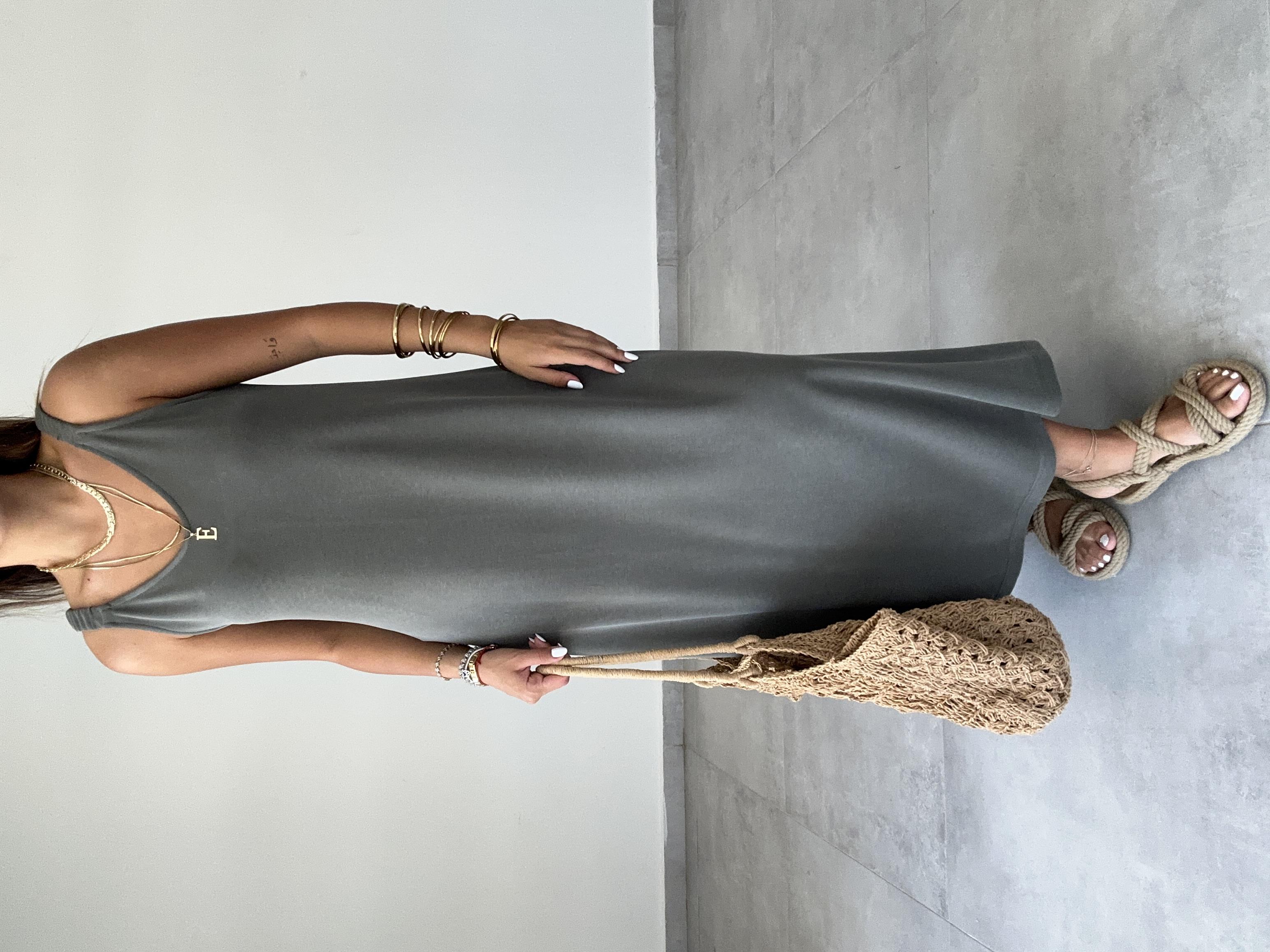 Haki Modal Büzgü Lastik Askılı Elbise