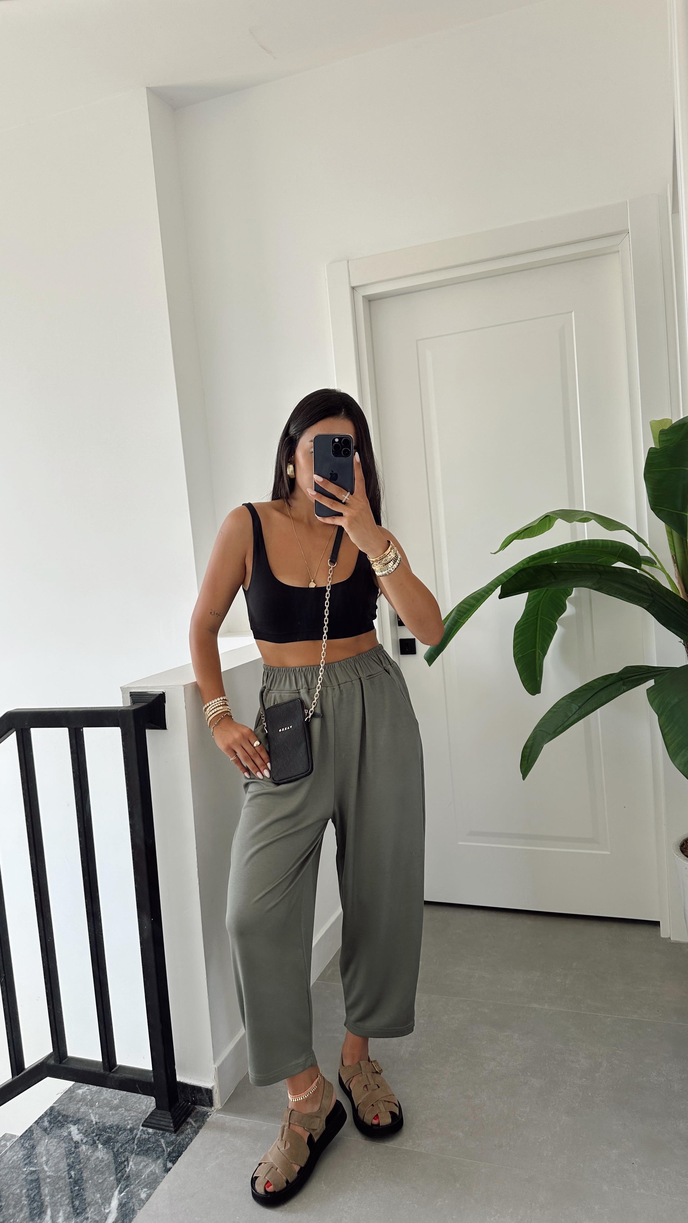 Haki Modal Paça Tutturmalı Pantolon