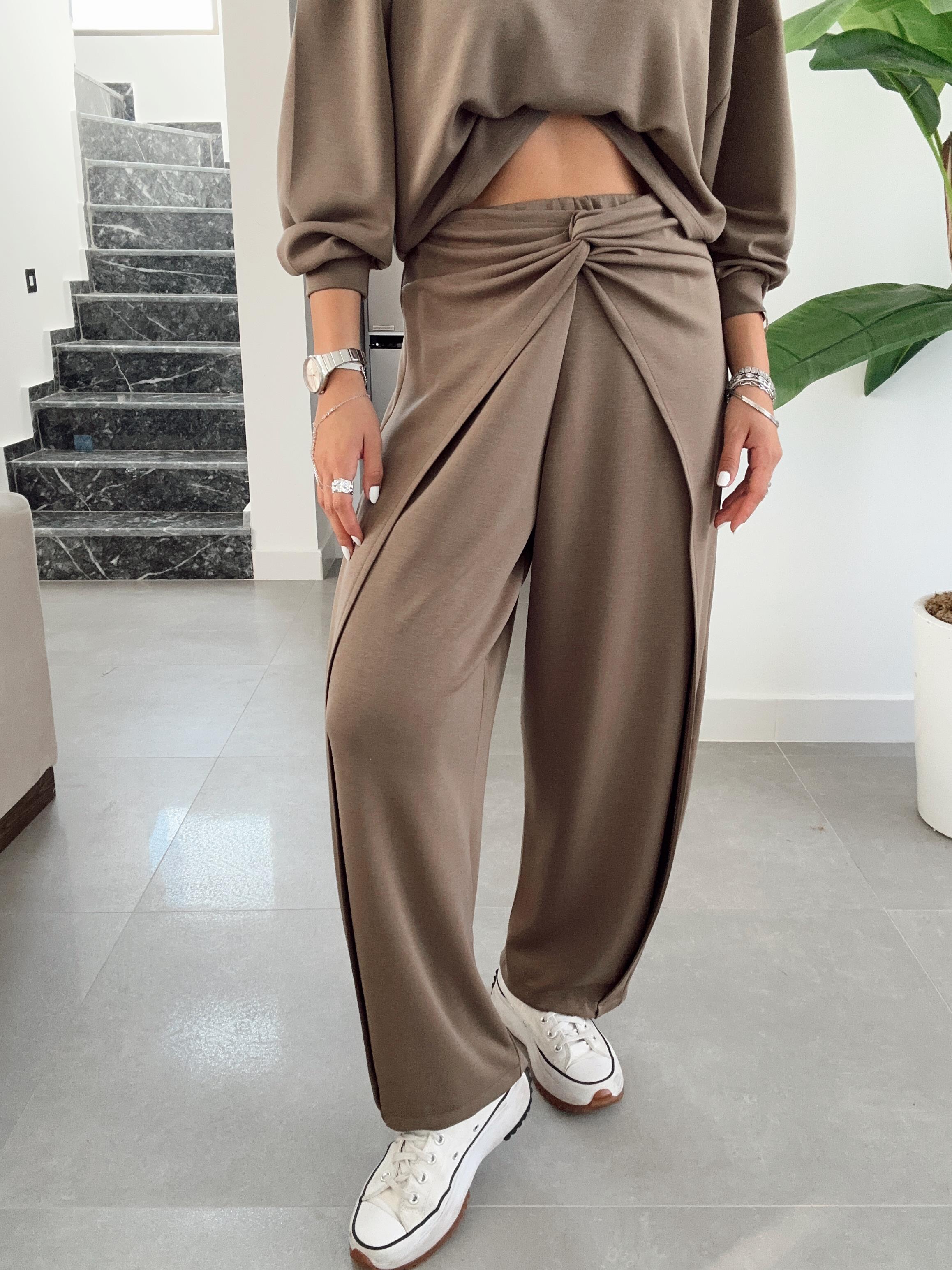 Haki Ön Düğüm Detaylı Modal Pantolon