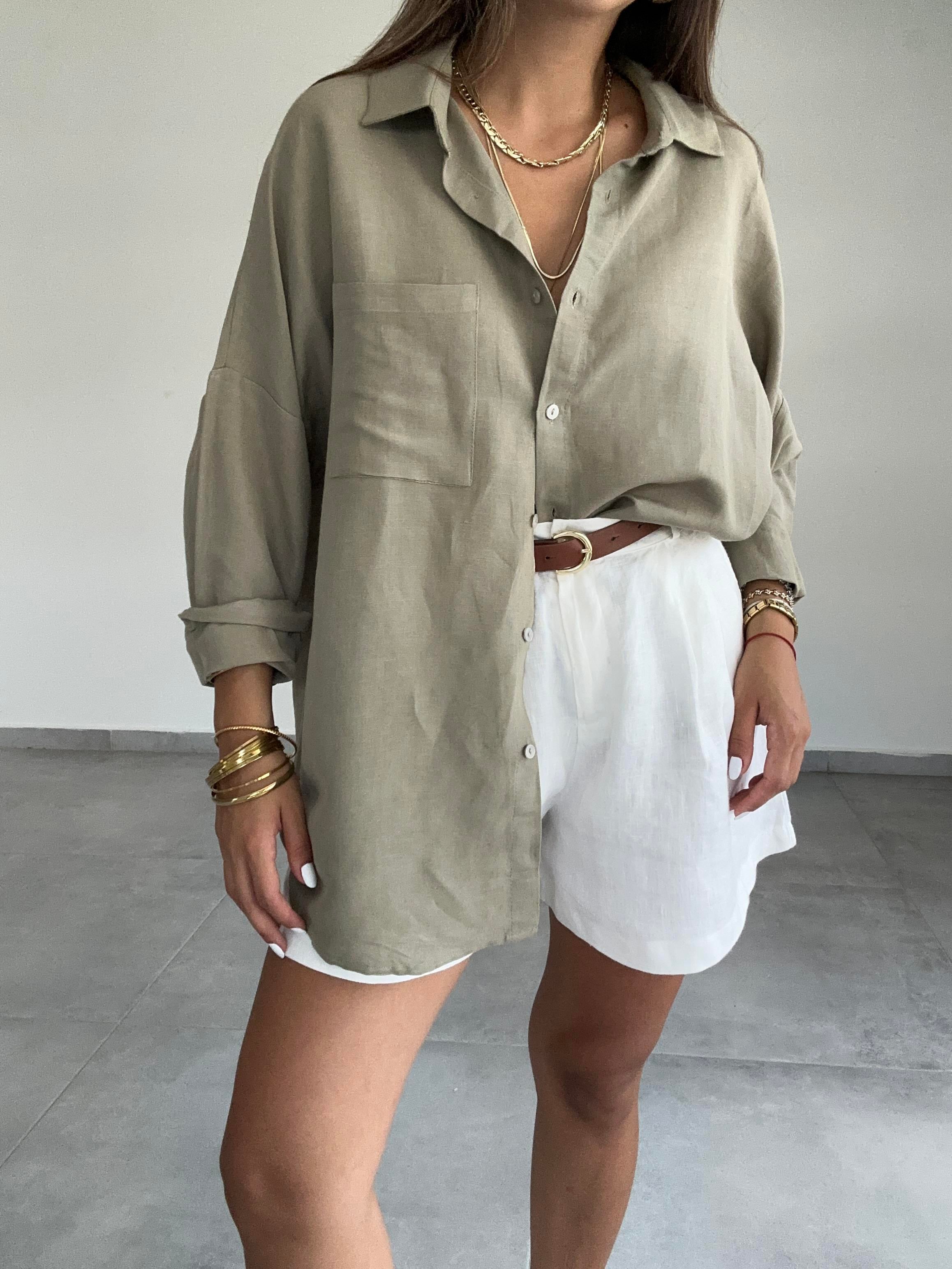 Haki Oversize Keten Gömlek