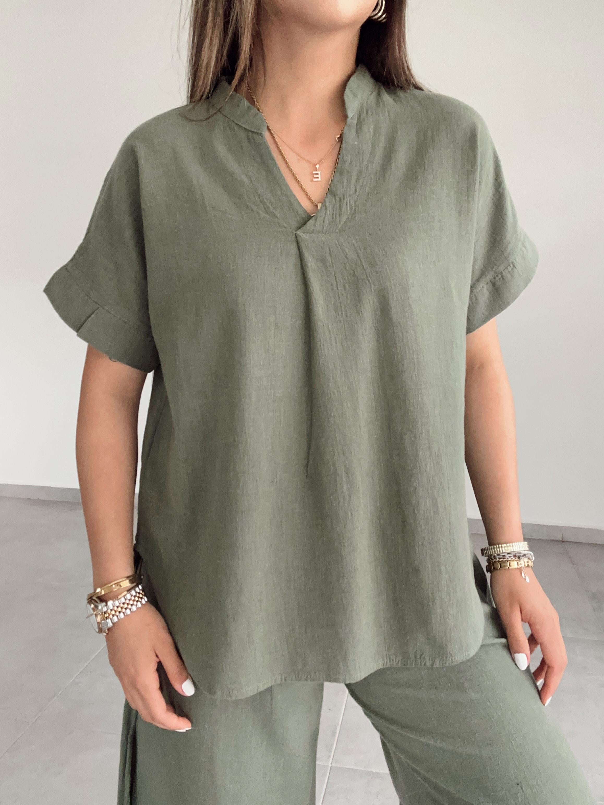 Haki Pamuk Keten Hakim Yaka Bluz