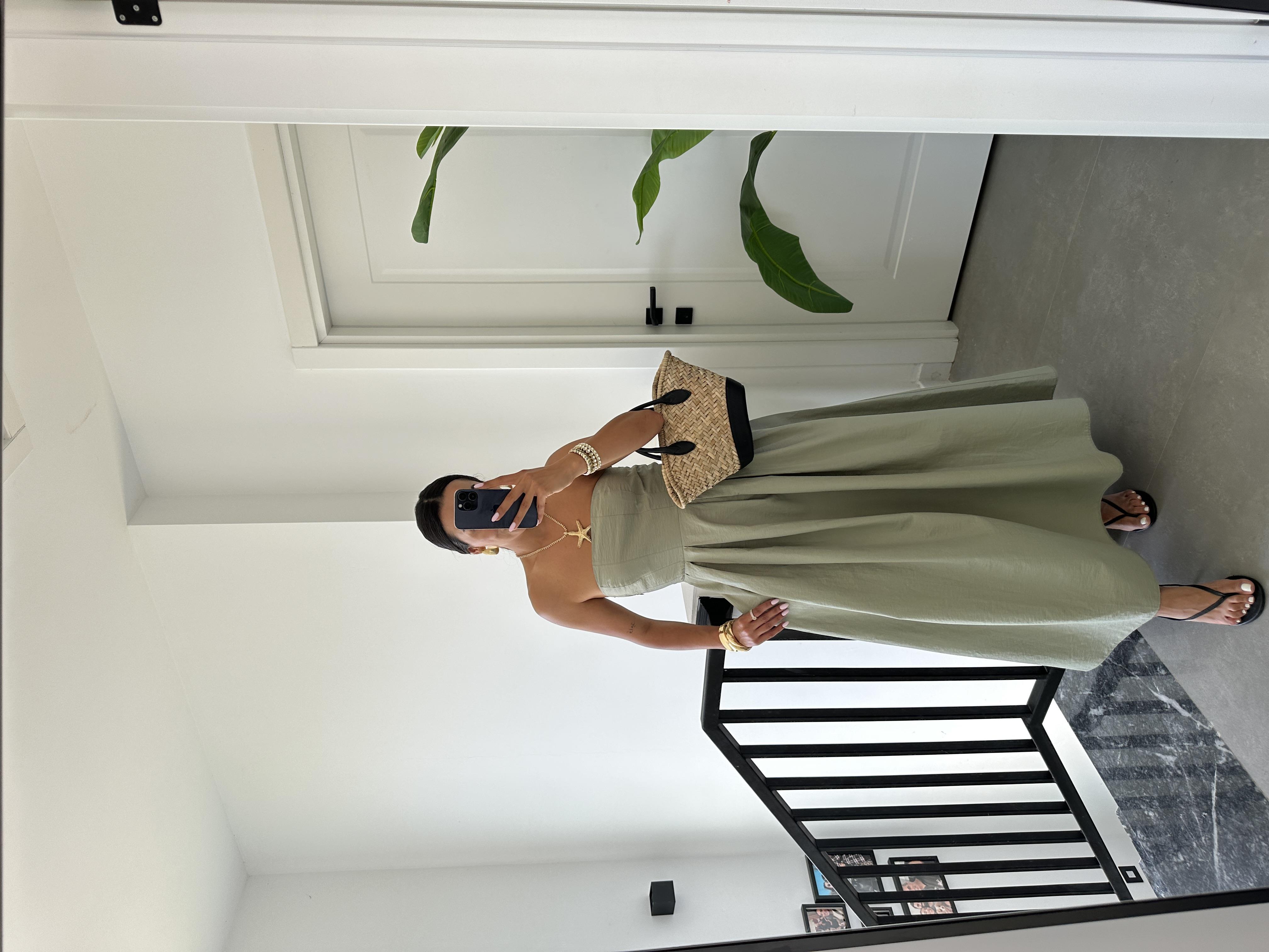 Haki Poplin Kumaş Straplez Elbise