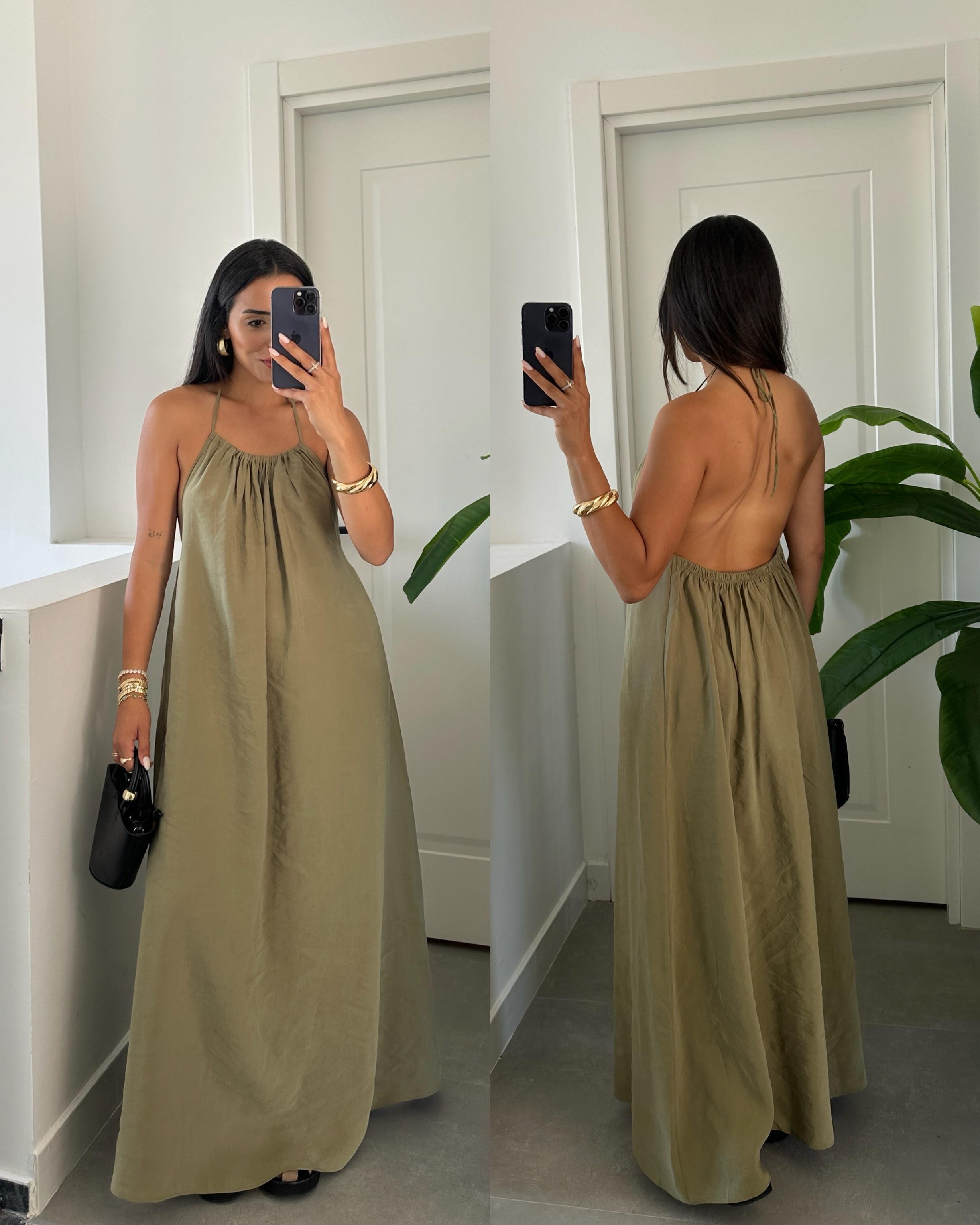 Haki Sırt Dekolteli Askılı Elbise
