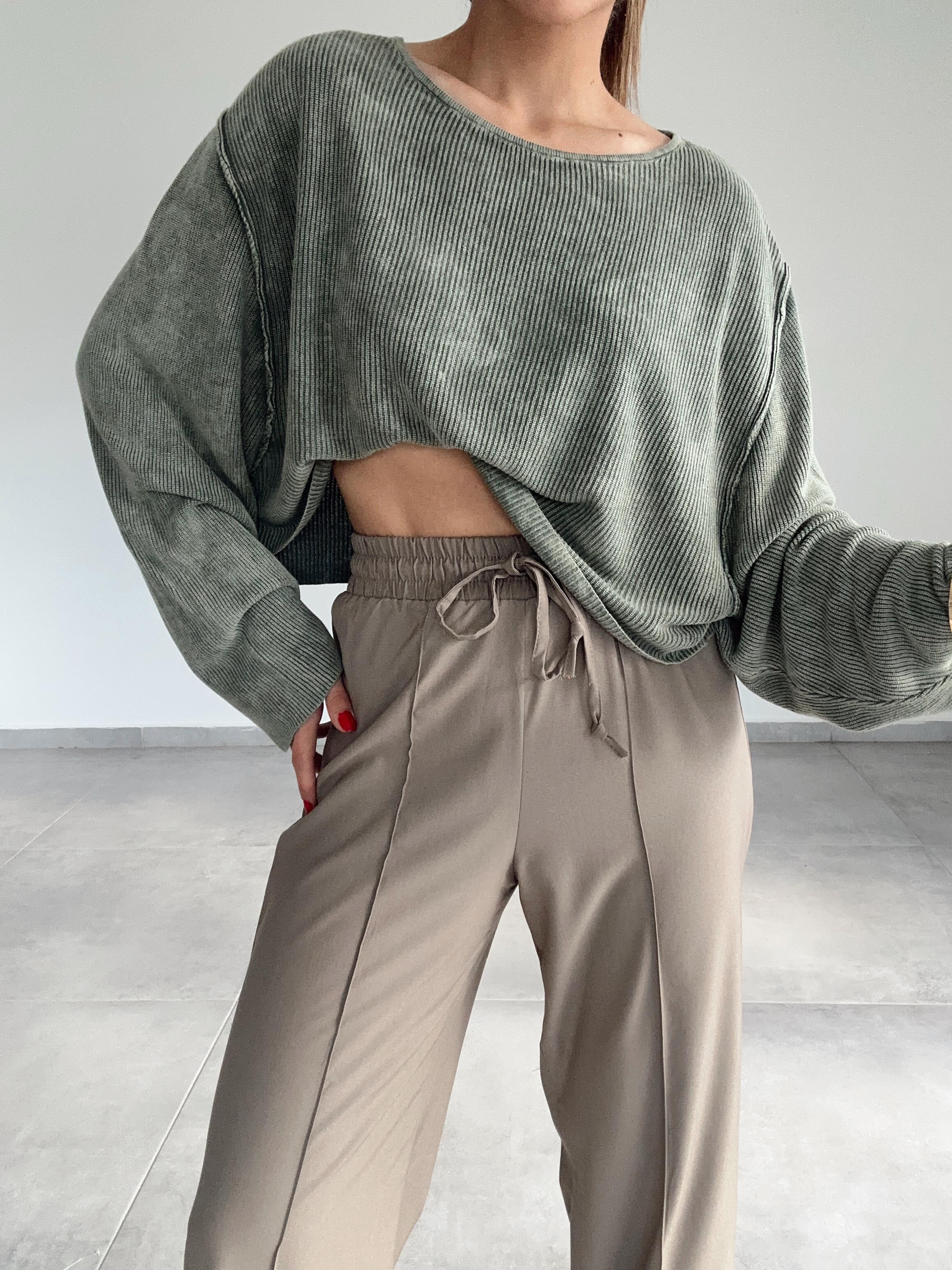 Haki Soluk Efektli Triko Kazak