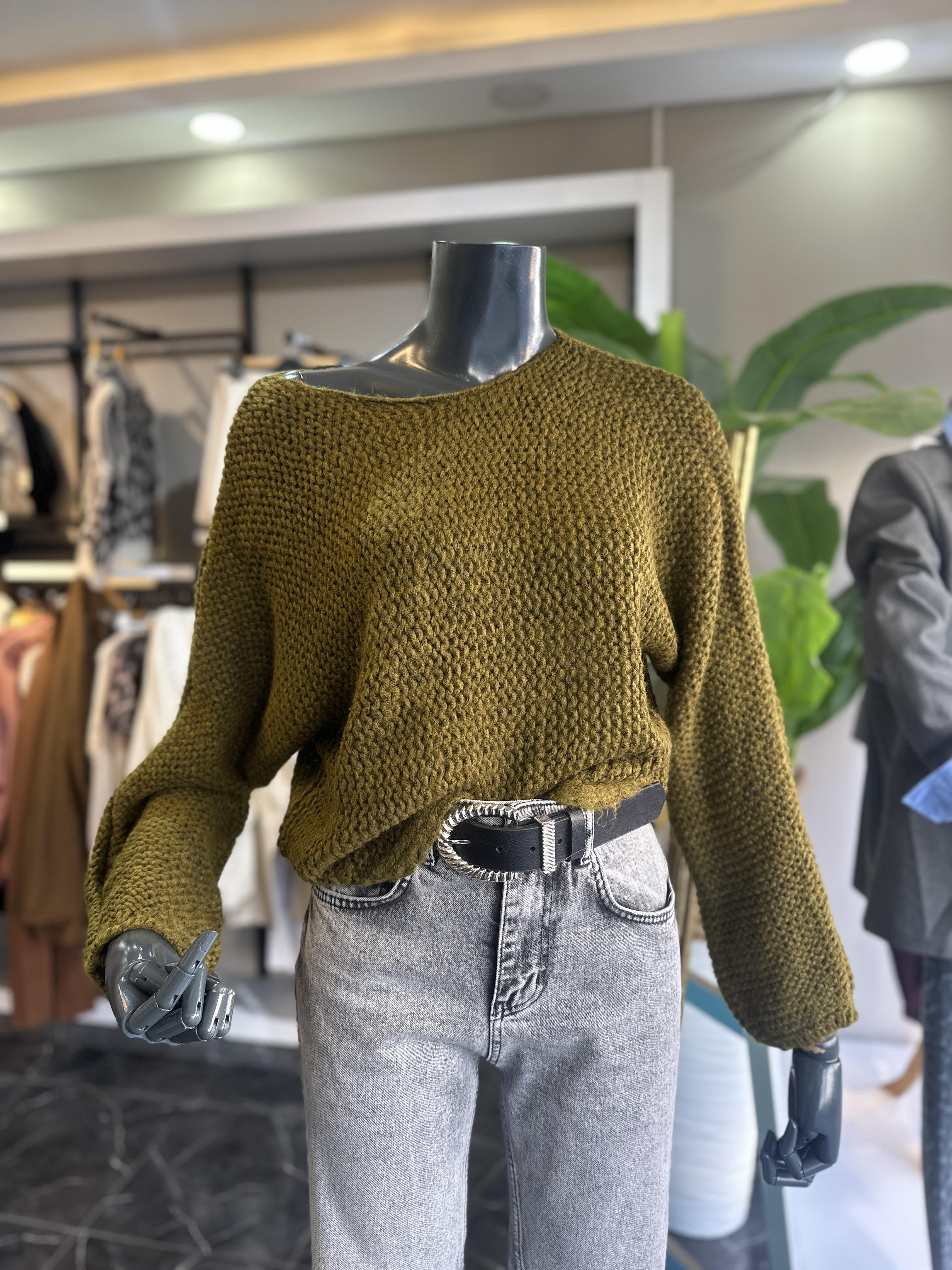 Haki Yarasa Kol Triko Kazak