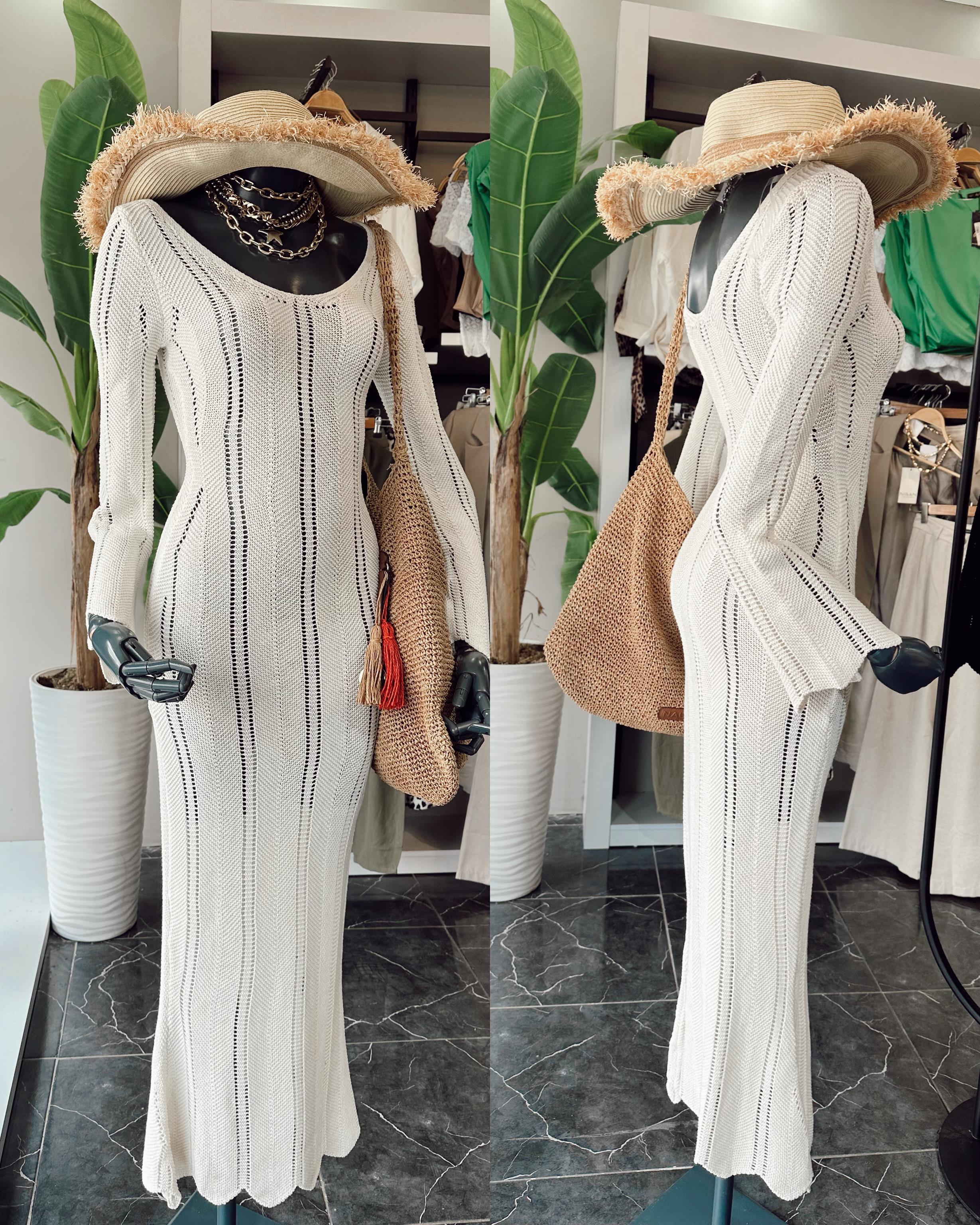 Ham Ekru Ajurlu Triko Uzun Elbise