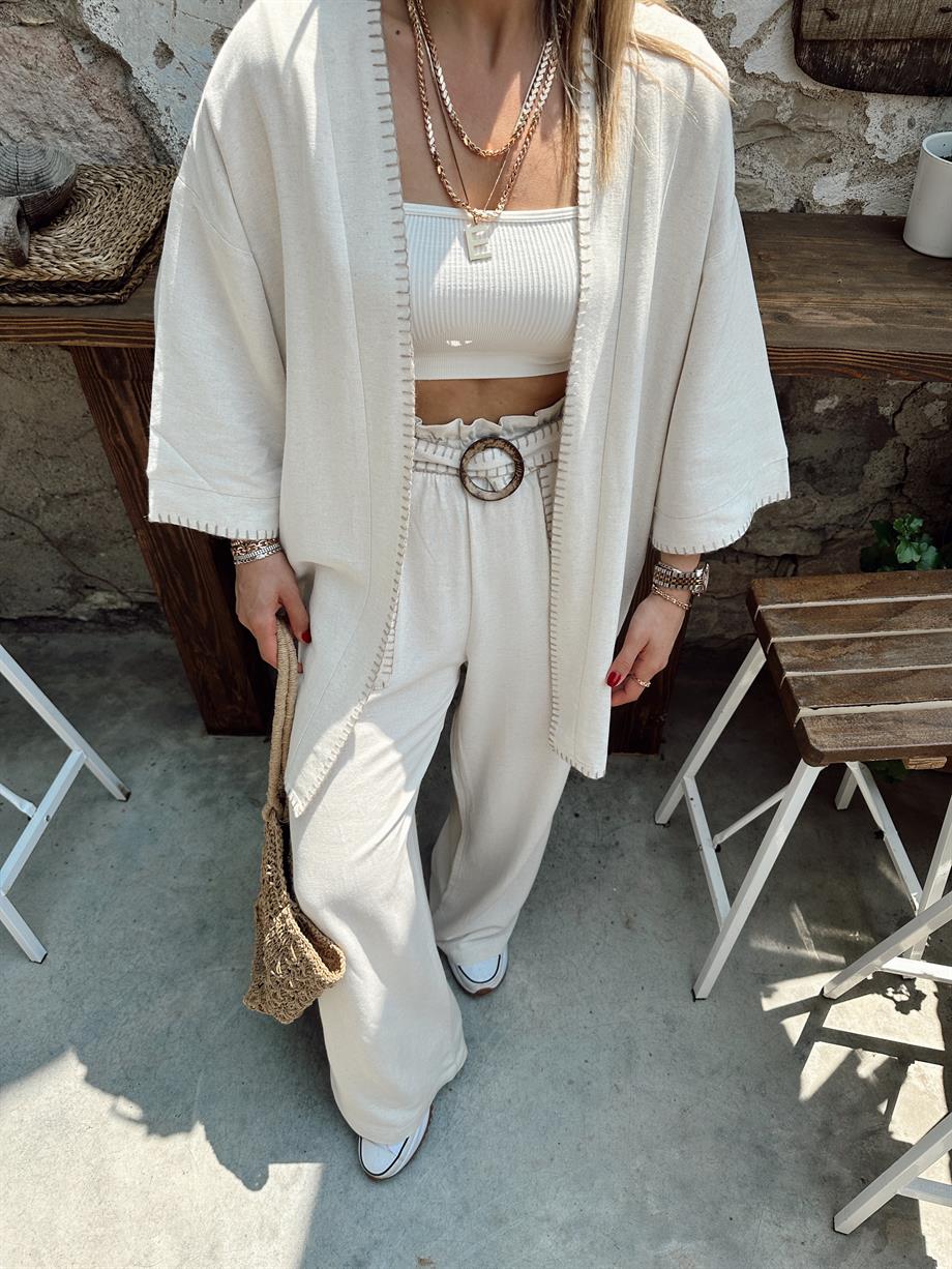 Ham Ekru Dikiş Detaylı Kimono
