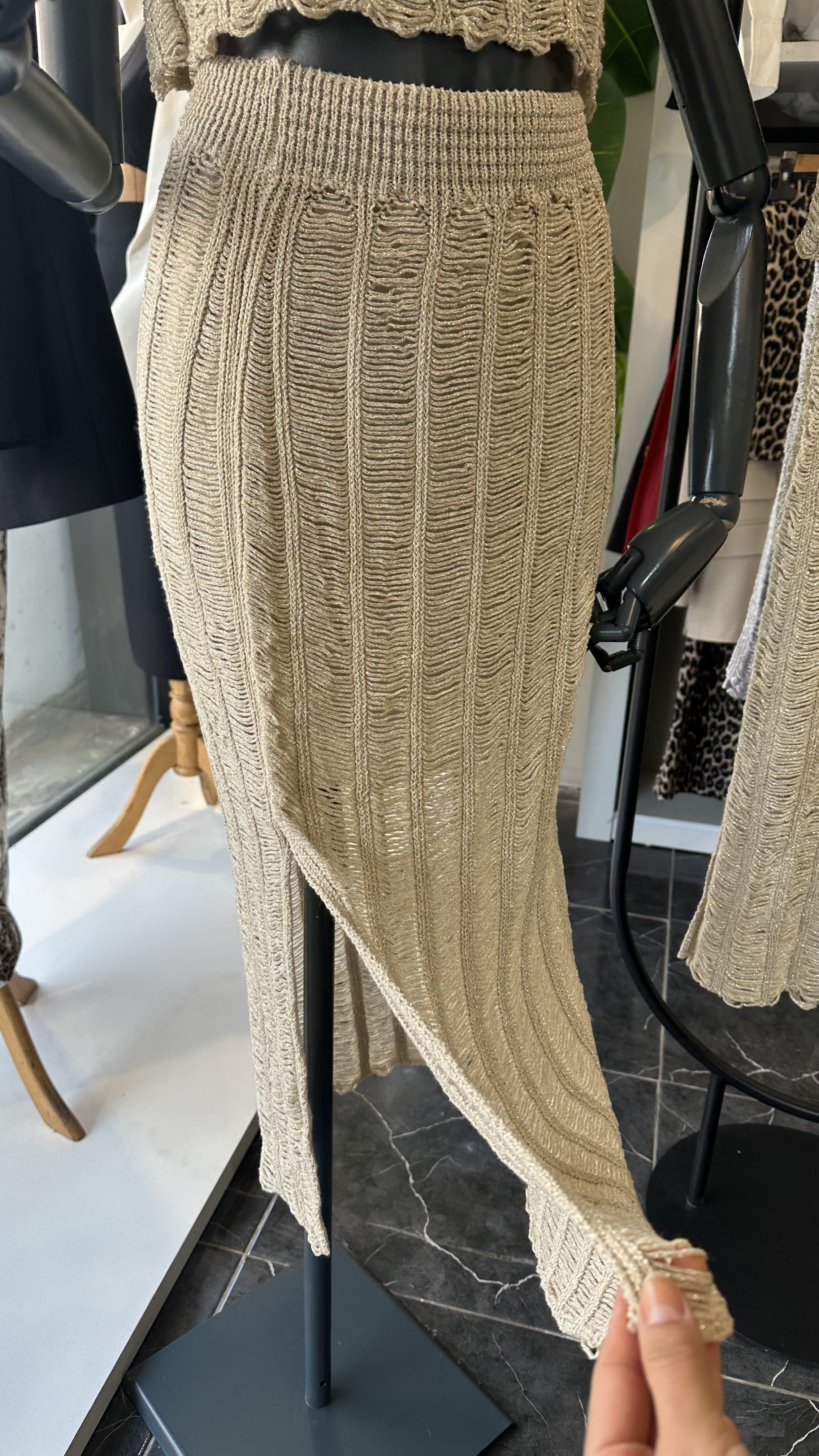 Ham Ekru Yırtmaçlı Uzun Triko Etek