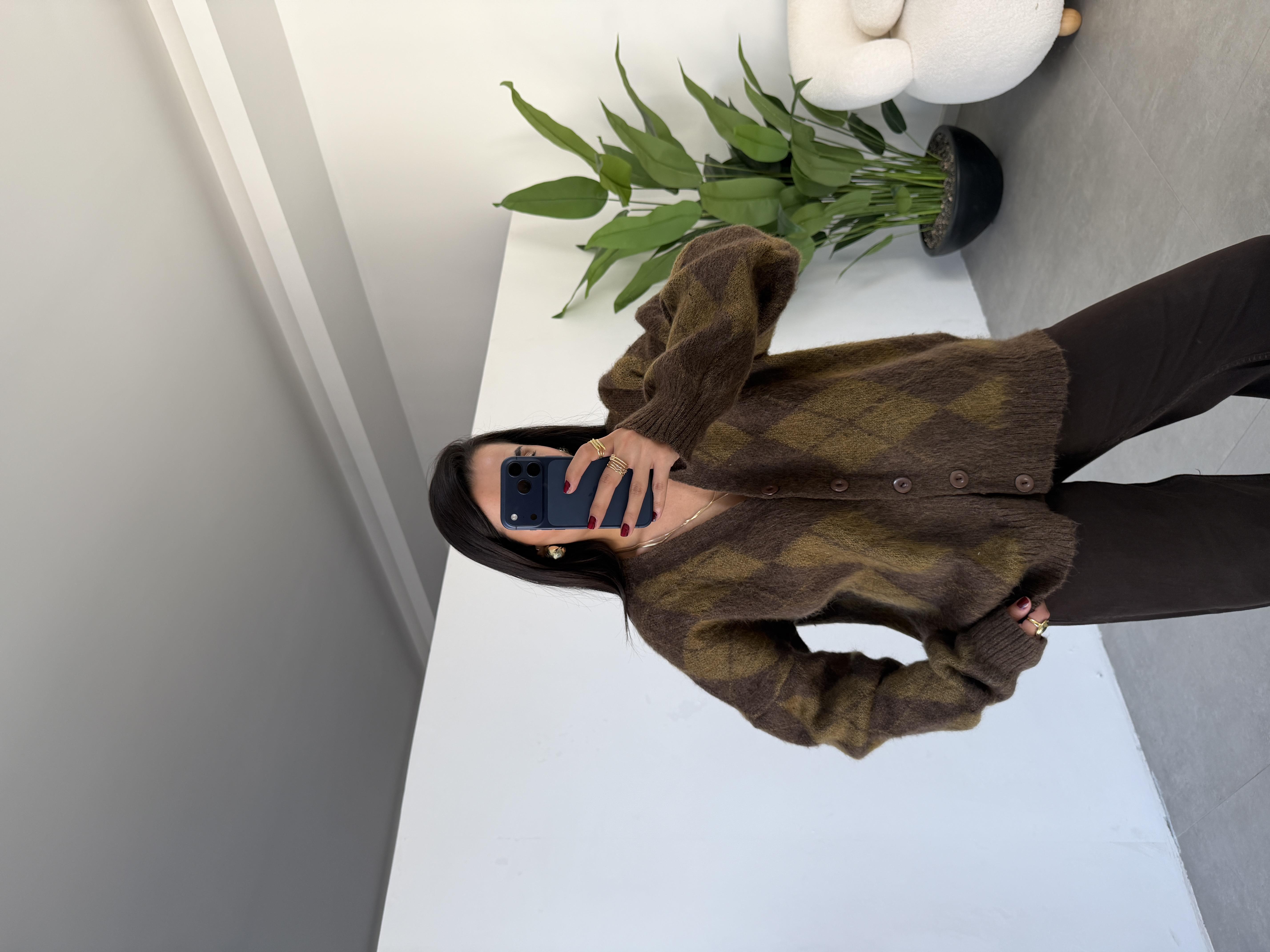 Hardal-Kahve Baklava Desenli Triko Hırka