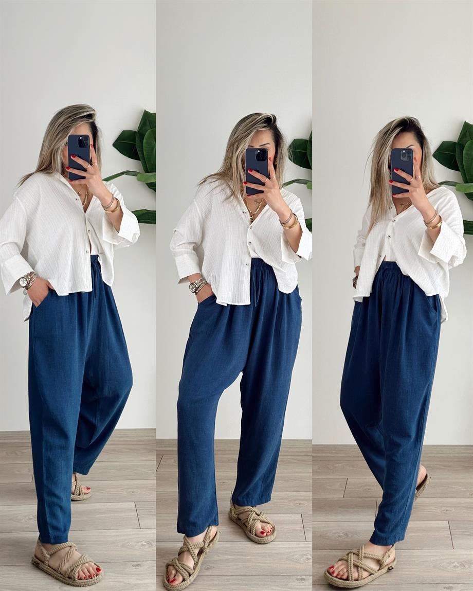 İndigo Beli Lastikli Keten Pantolon