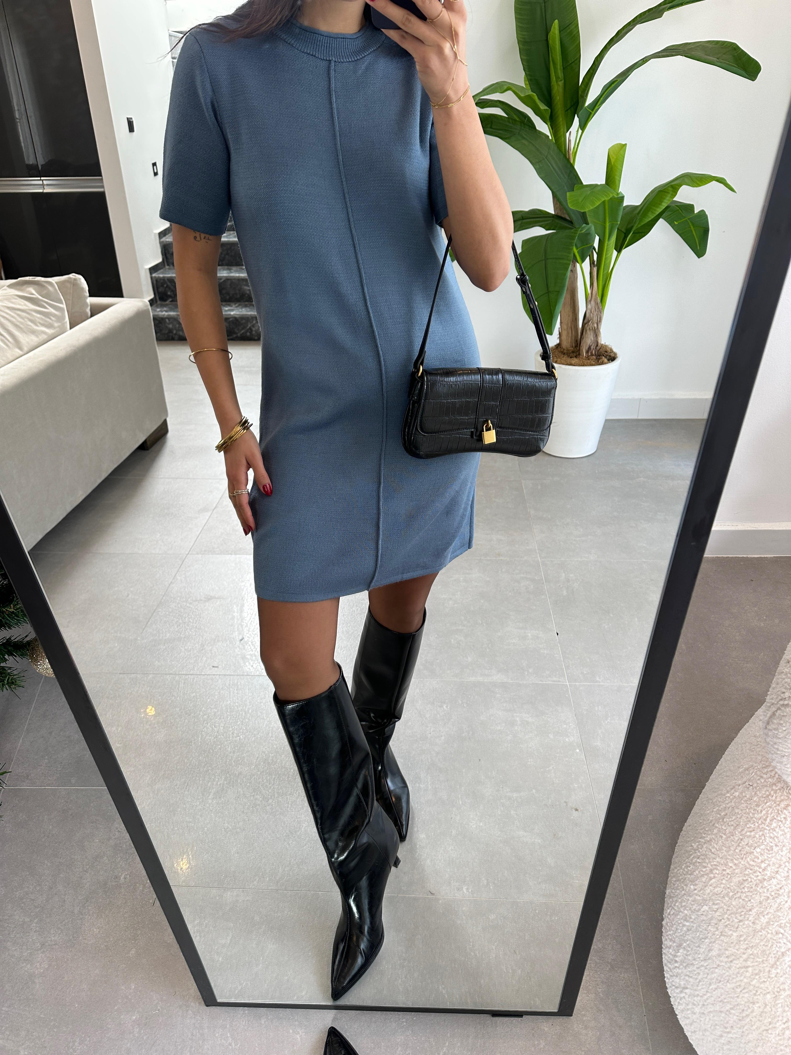 İndigo Dikiş Detaylı Triko Elbise