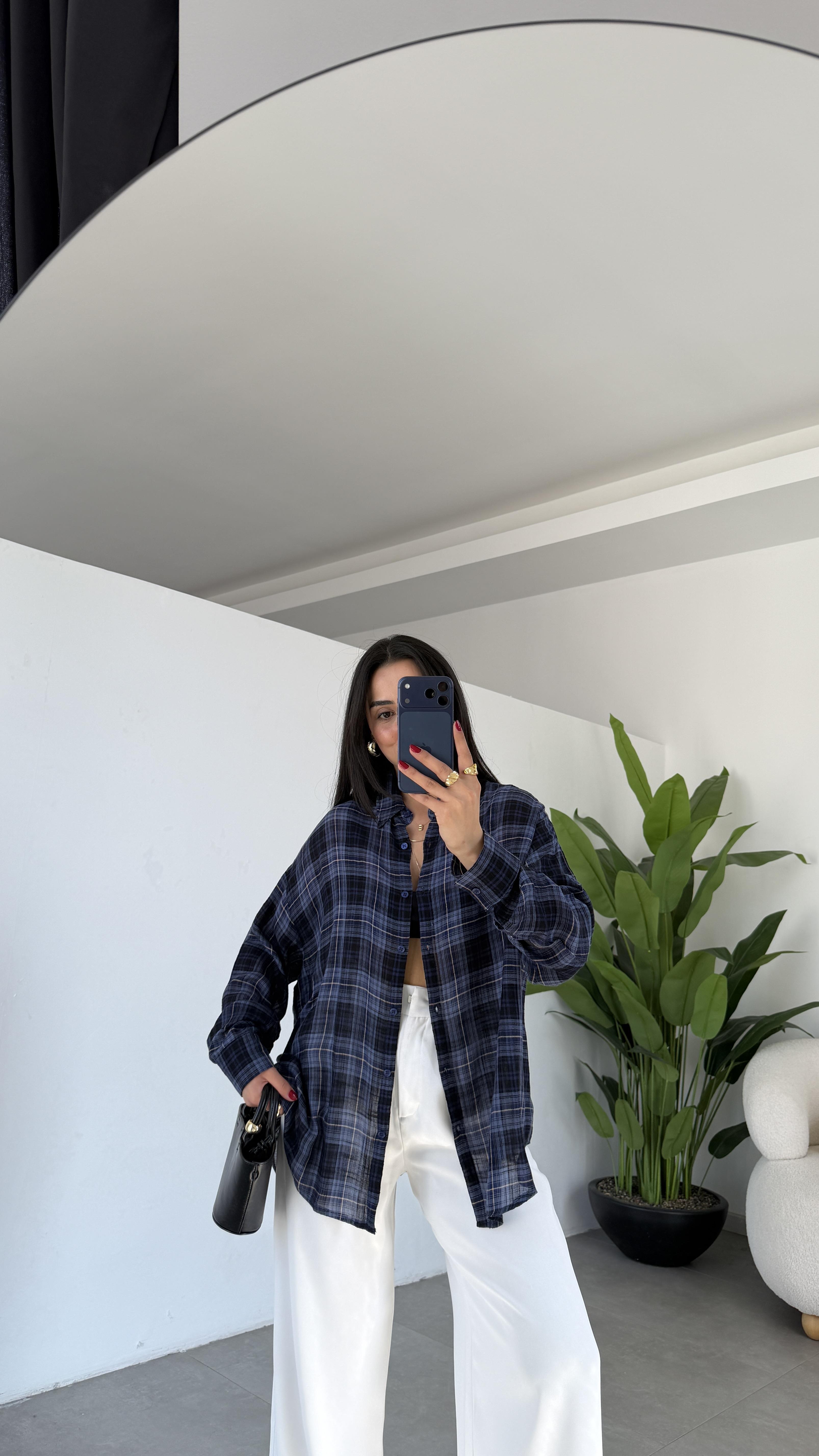 İndigo Ekose Desenli Oversize Gömlek