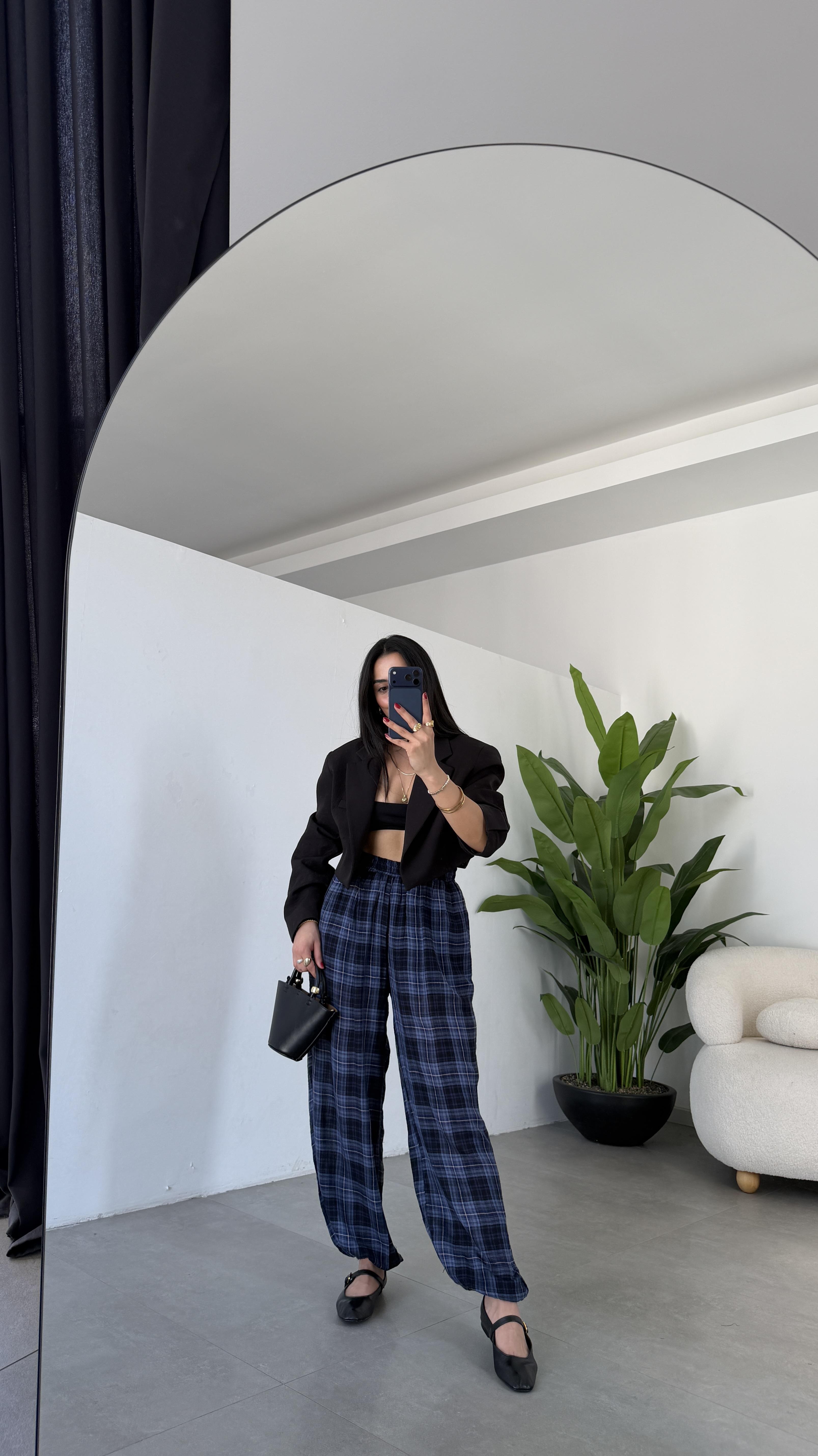 İndigo Kareli Balon Pantolon