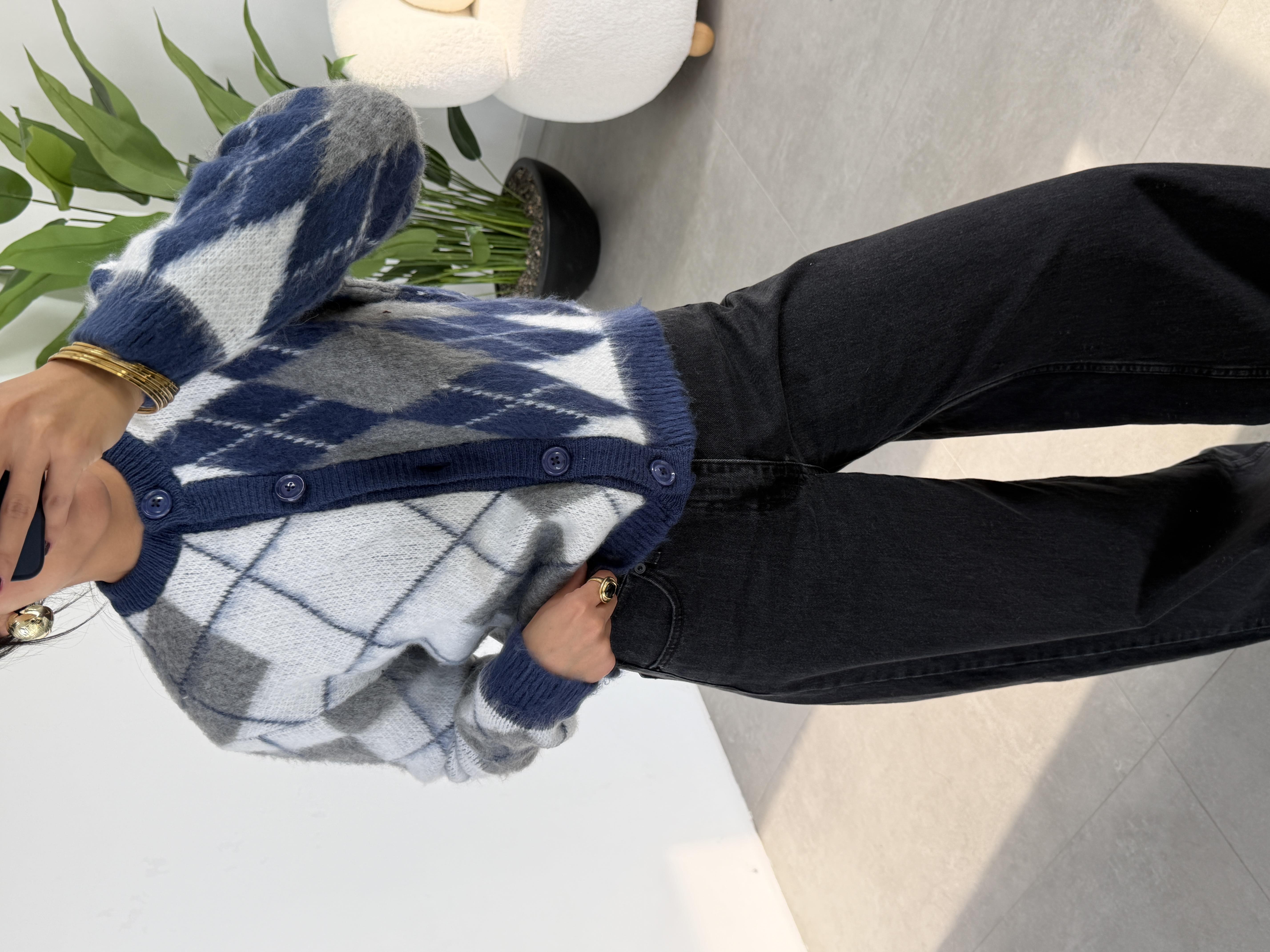 İndigo-Kemik Baklava Desen Hırka