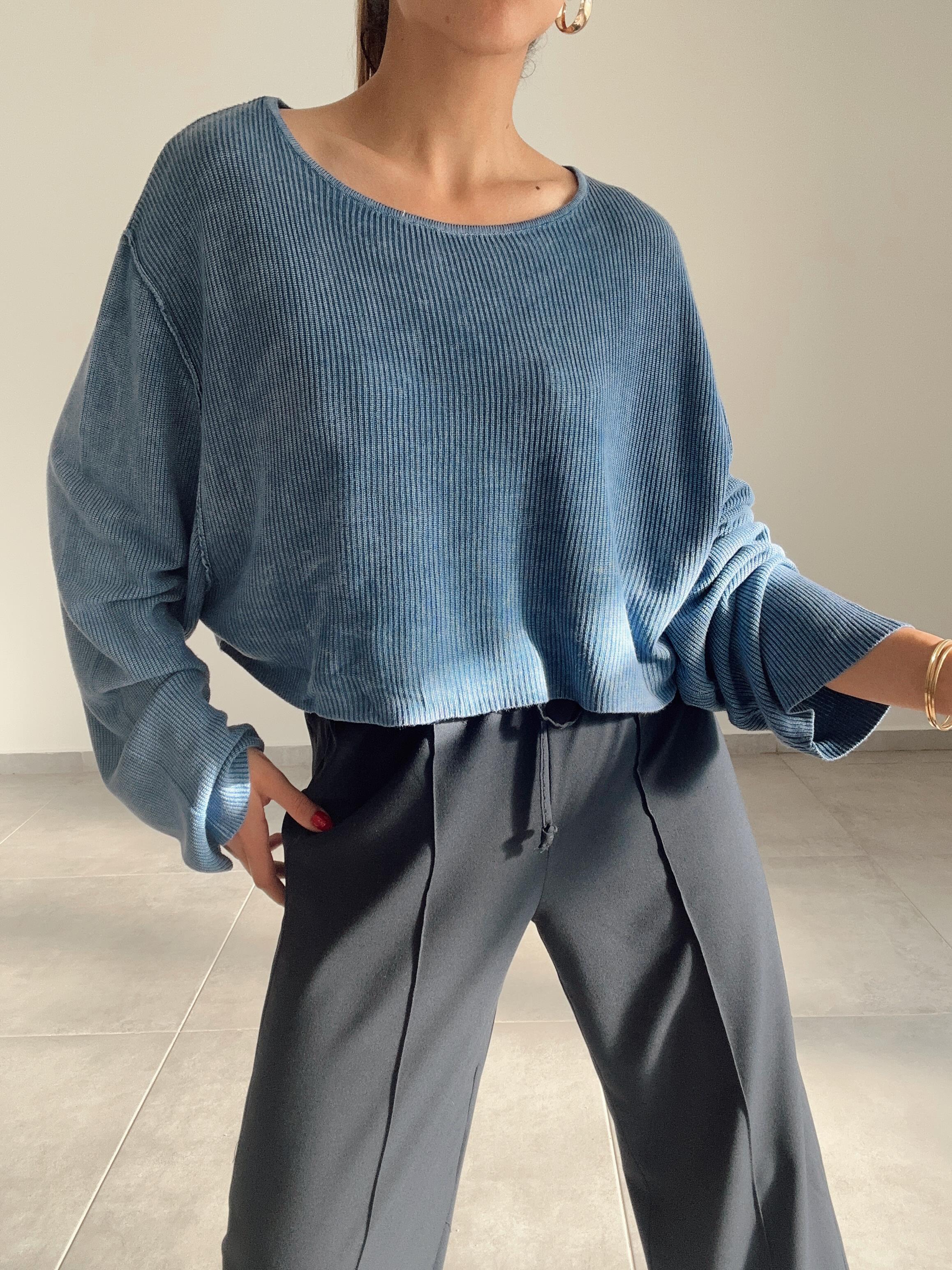 İndigo Soluk Efektli Triko Kazak