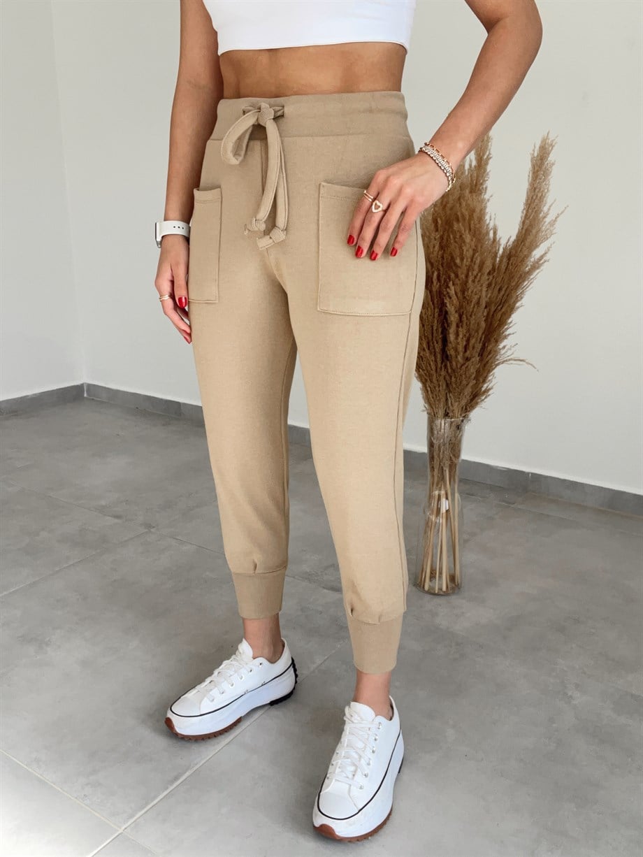 İp Bağlamalı Cep Detay Salaş Triko Eşofman Camel