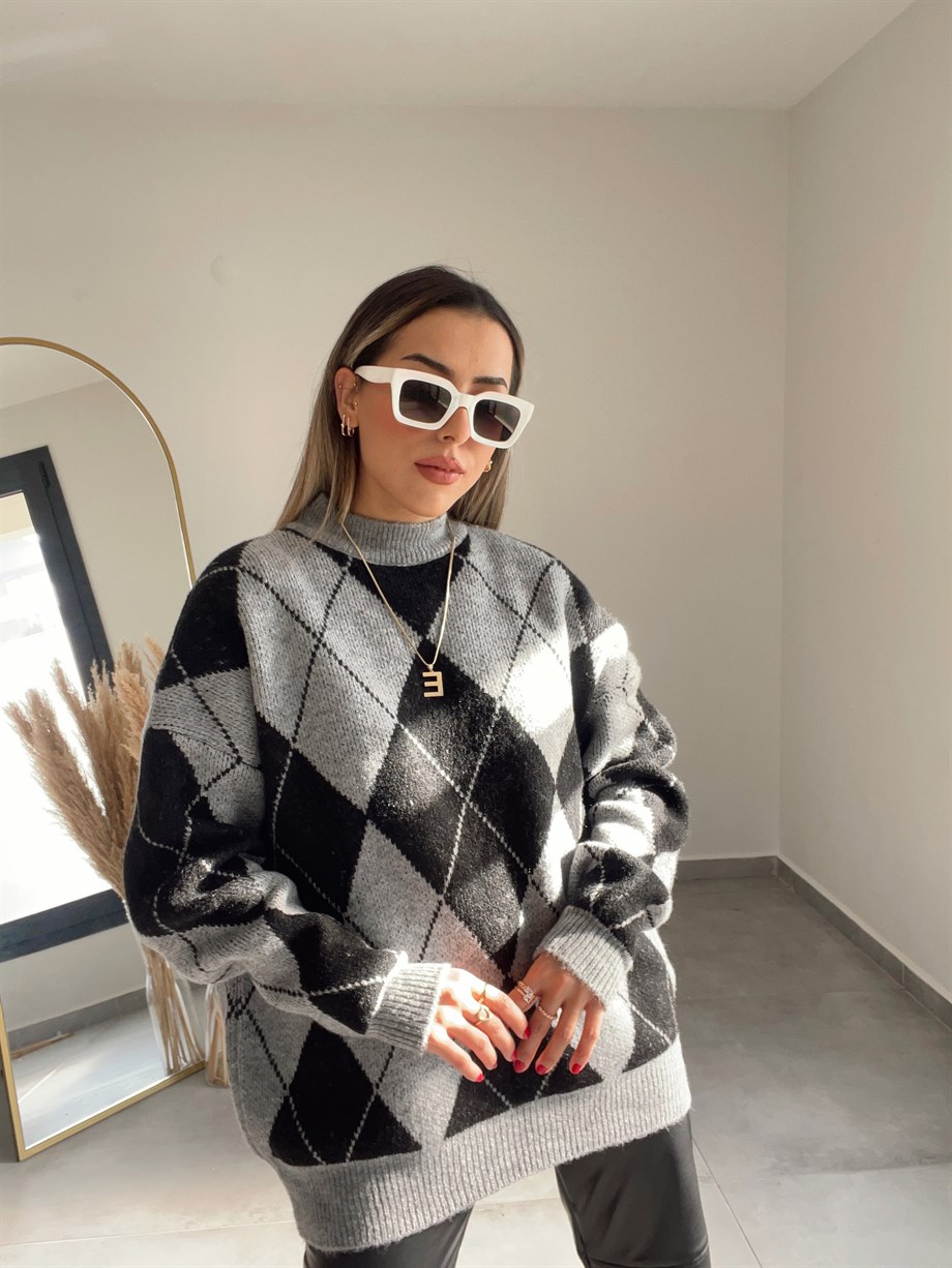 İpek Baklava Kazak Siyah-Gri