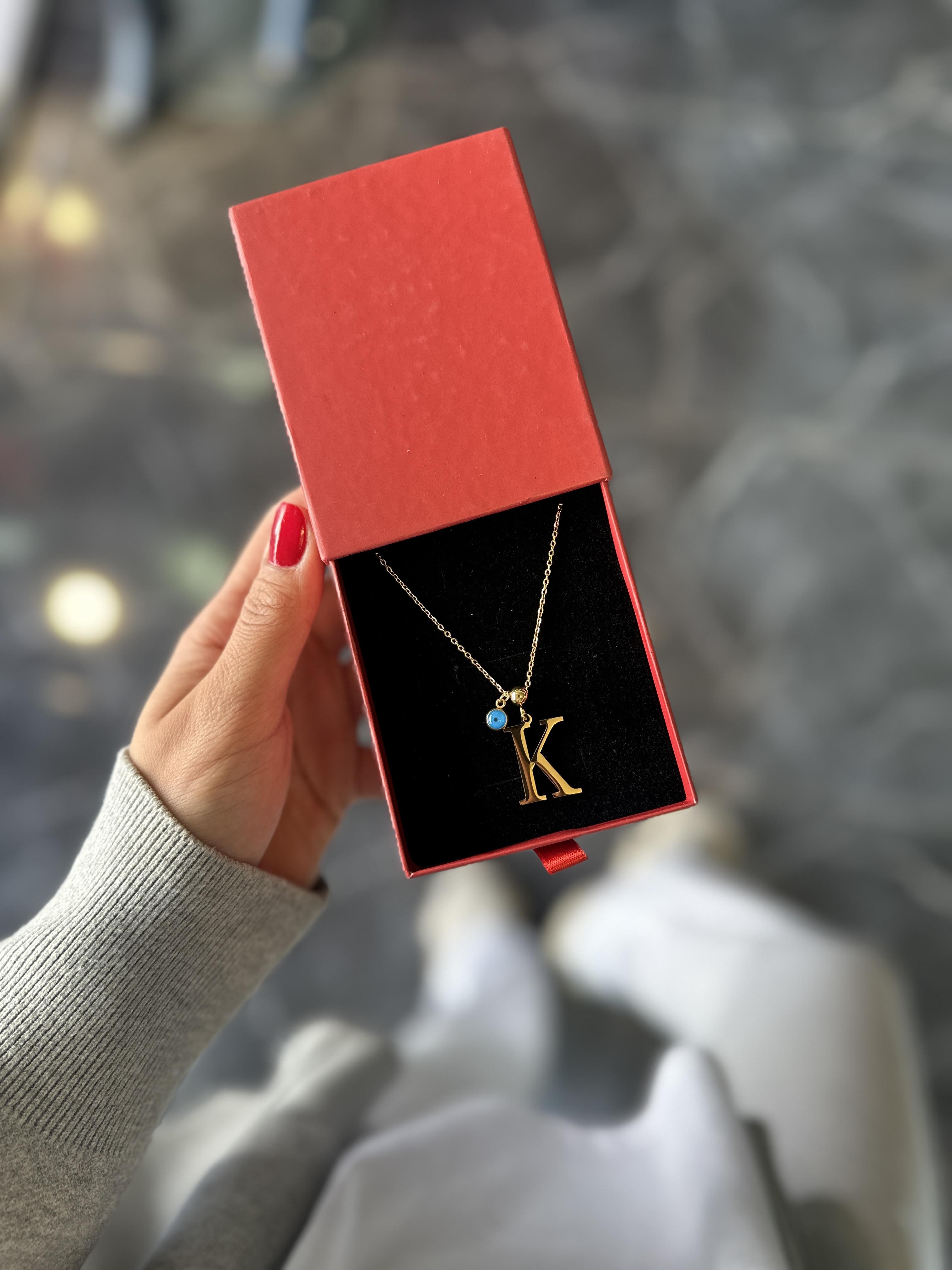 K Gold Nazar Boncuklu Harf Çelik Kolye