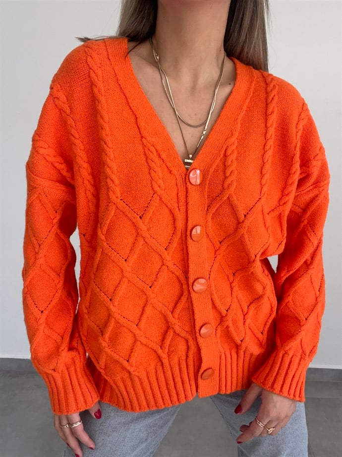 Kabartma Örgü Desenli Turuncu Triko Hırka