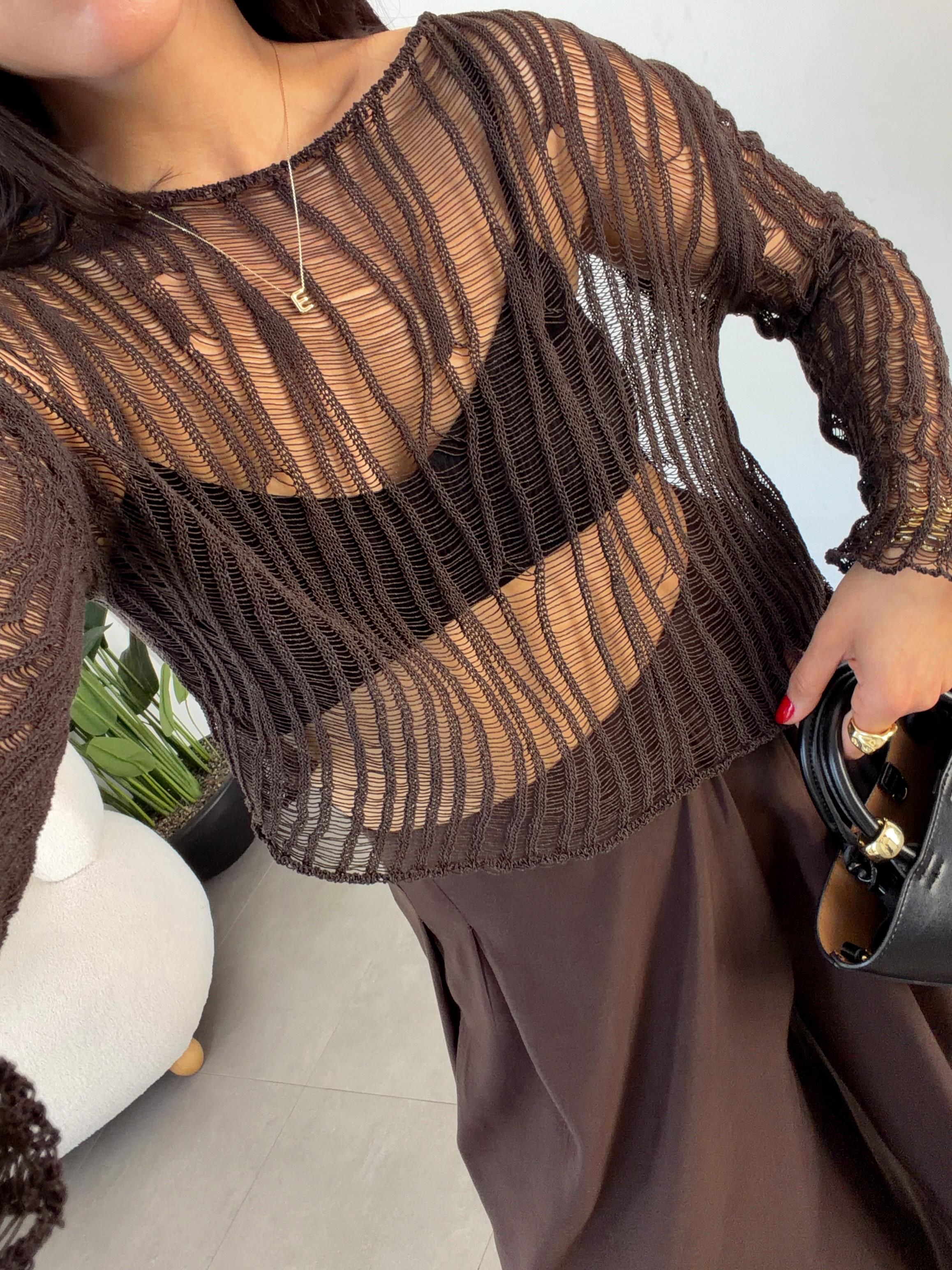 Kahve Ajurlu Triko Bluz