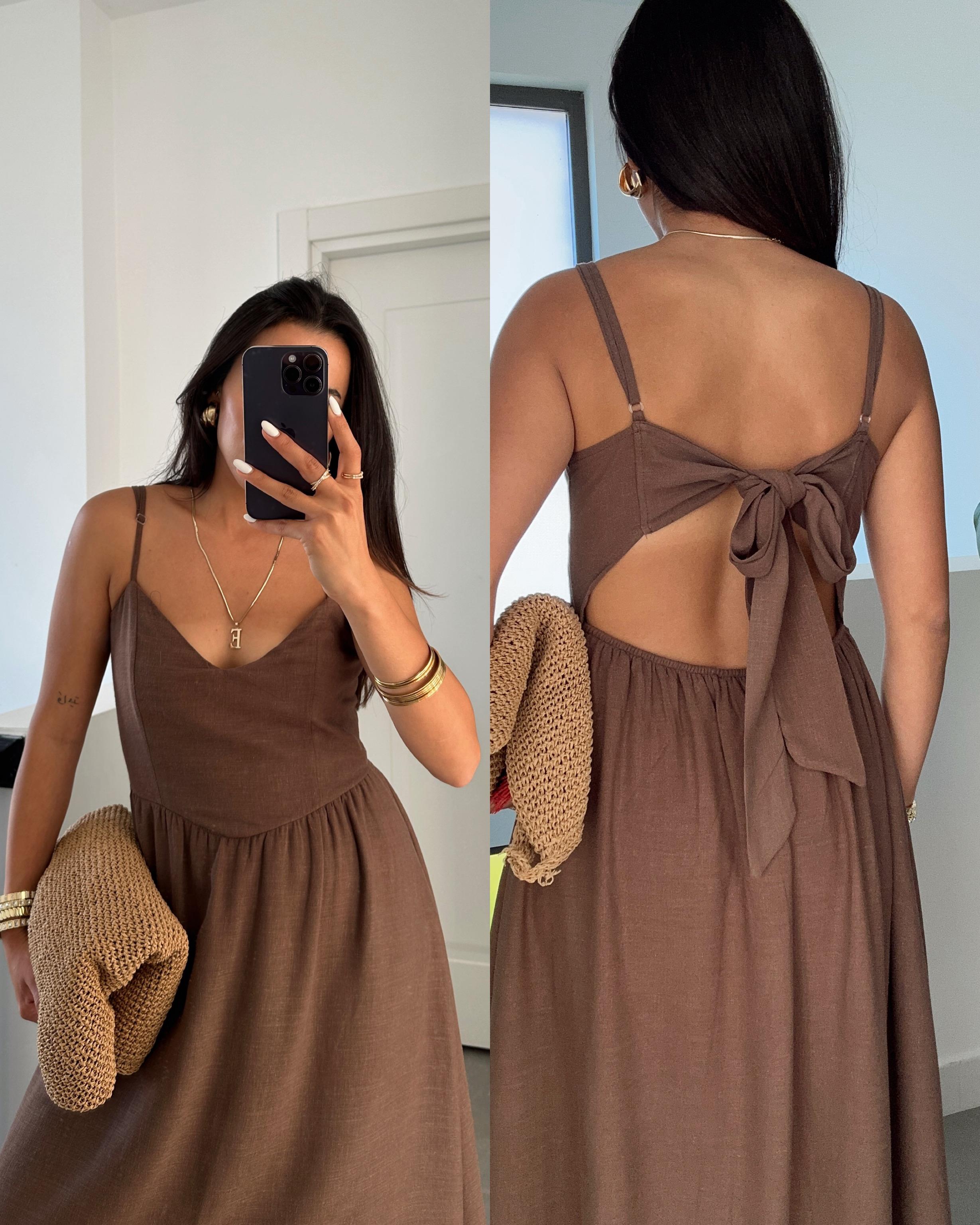 Kahve Arkadan Bağlamalı Elbise