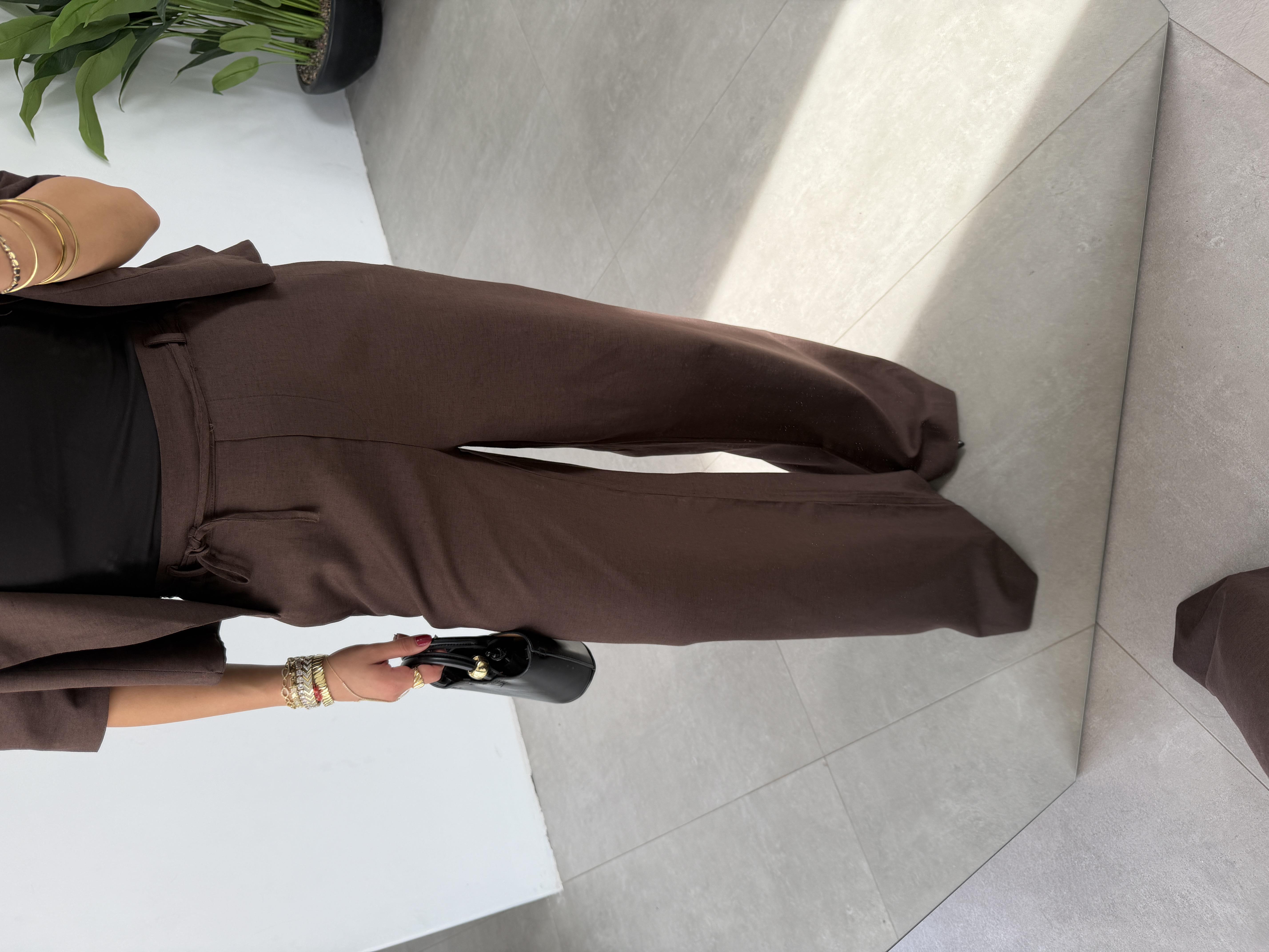 Kahve Bağcıklı Keten Karışımlı Pantolon