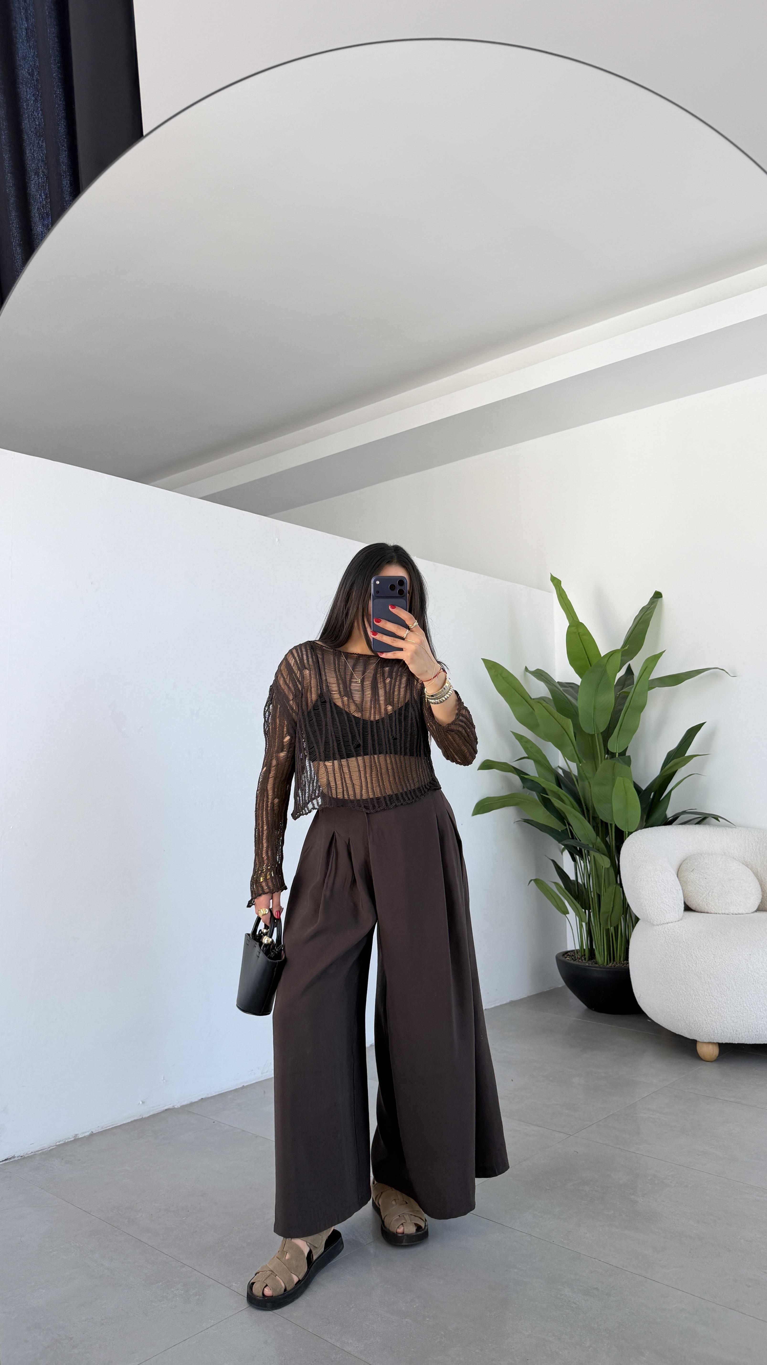 Kahve Beli Lastikli Pareo Pantolon