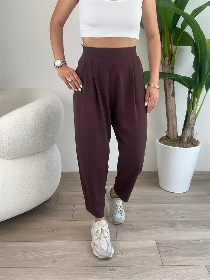 Kahve Bombeli Yandan Fermuarlı Pantolon